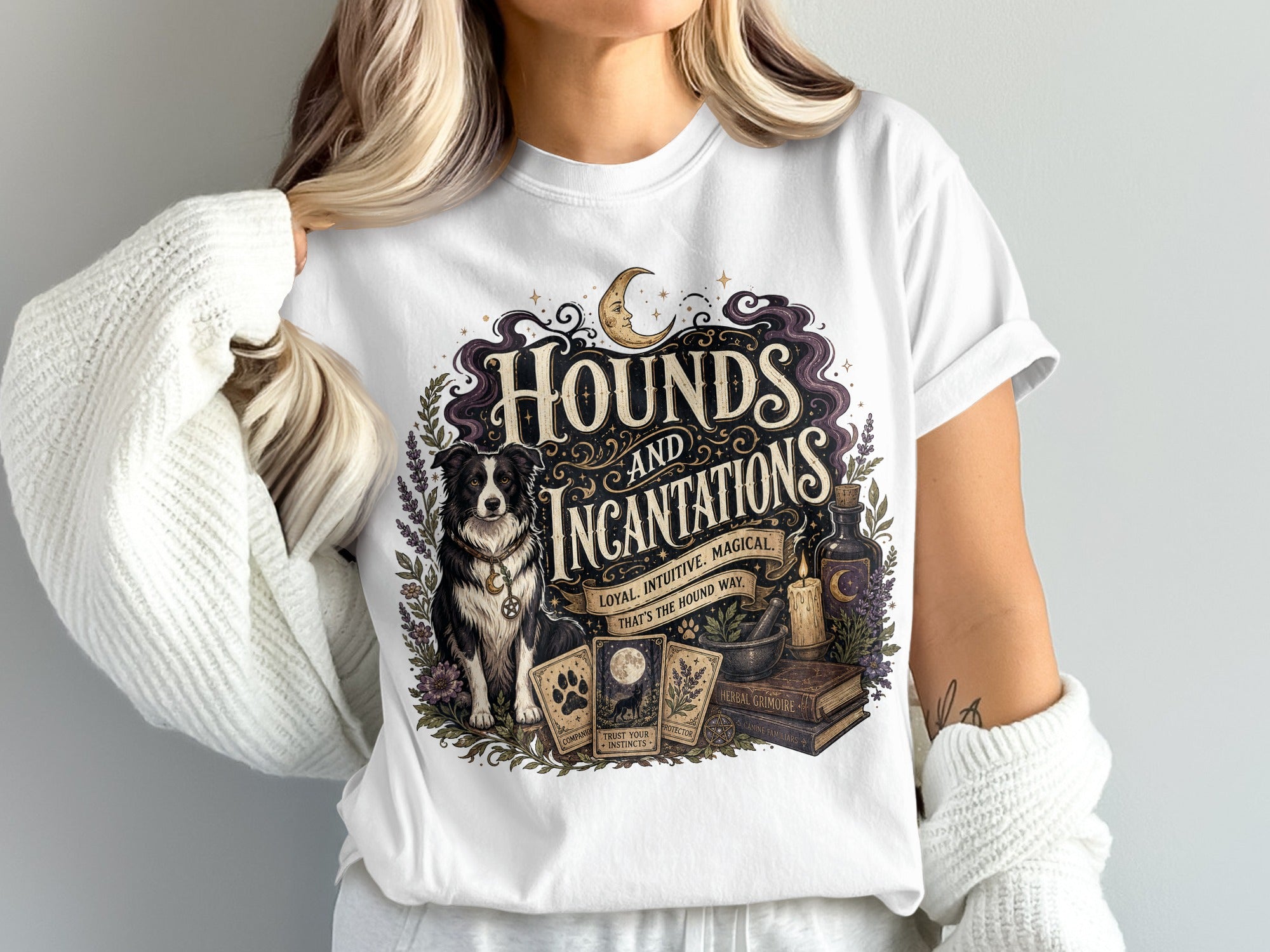 White t-shirt with "Hounds and Incantations" text, a border collie, and occult symbols.