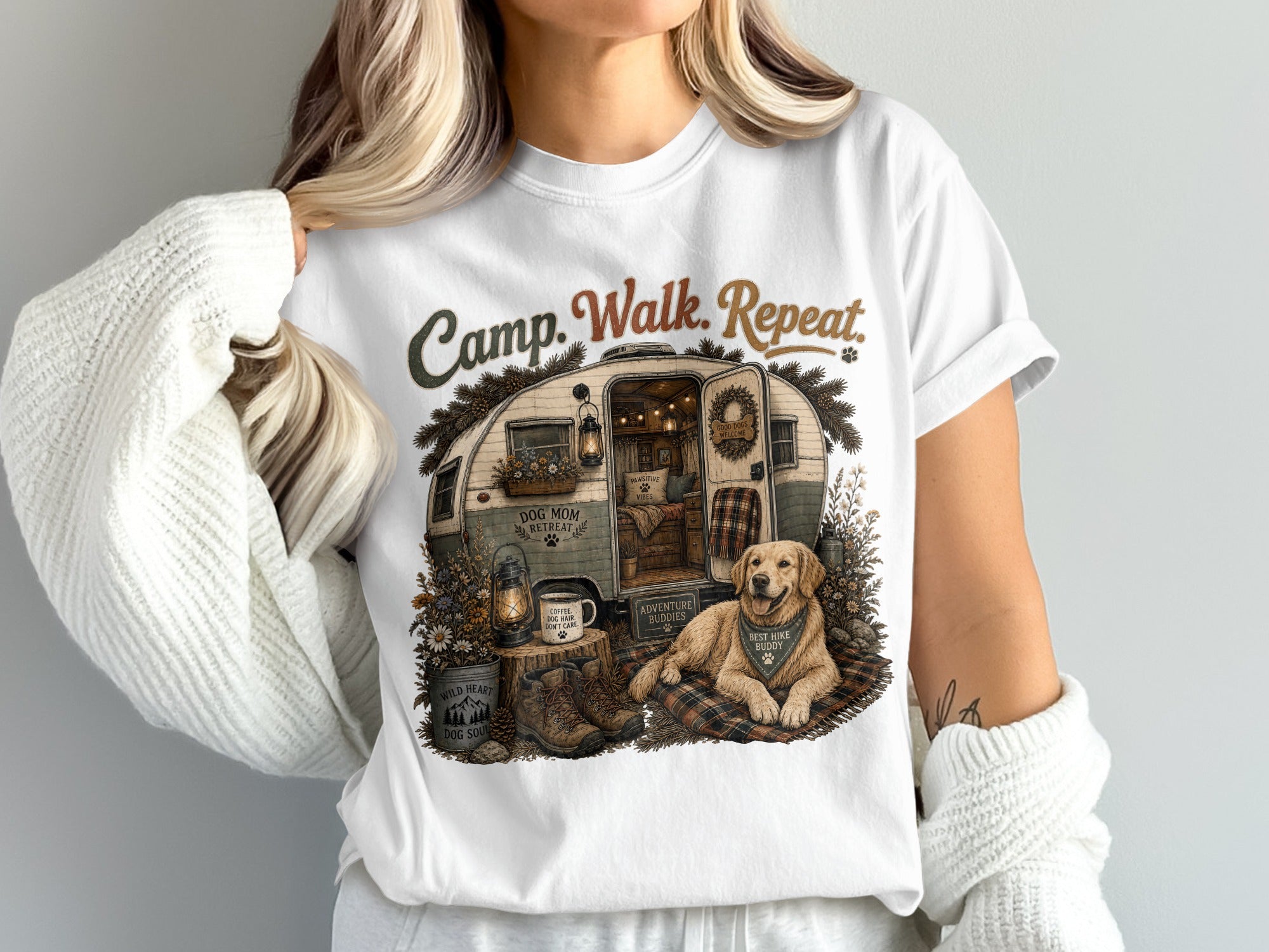 Golden retriever with bandana by camper, saying "Camp. Walk. Repeat."