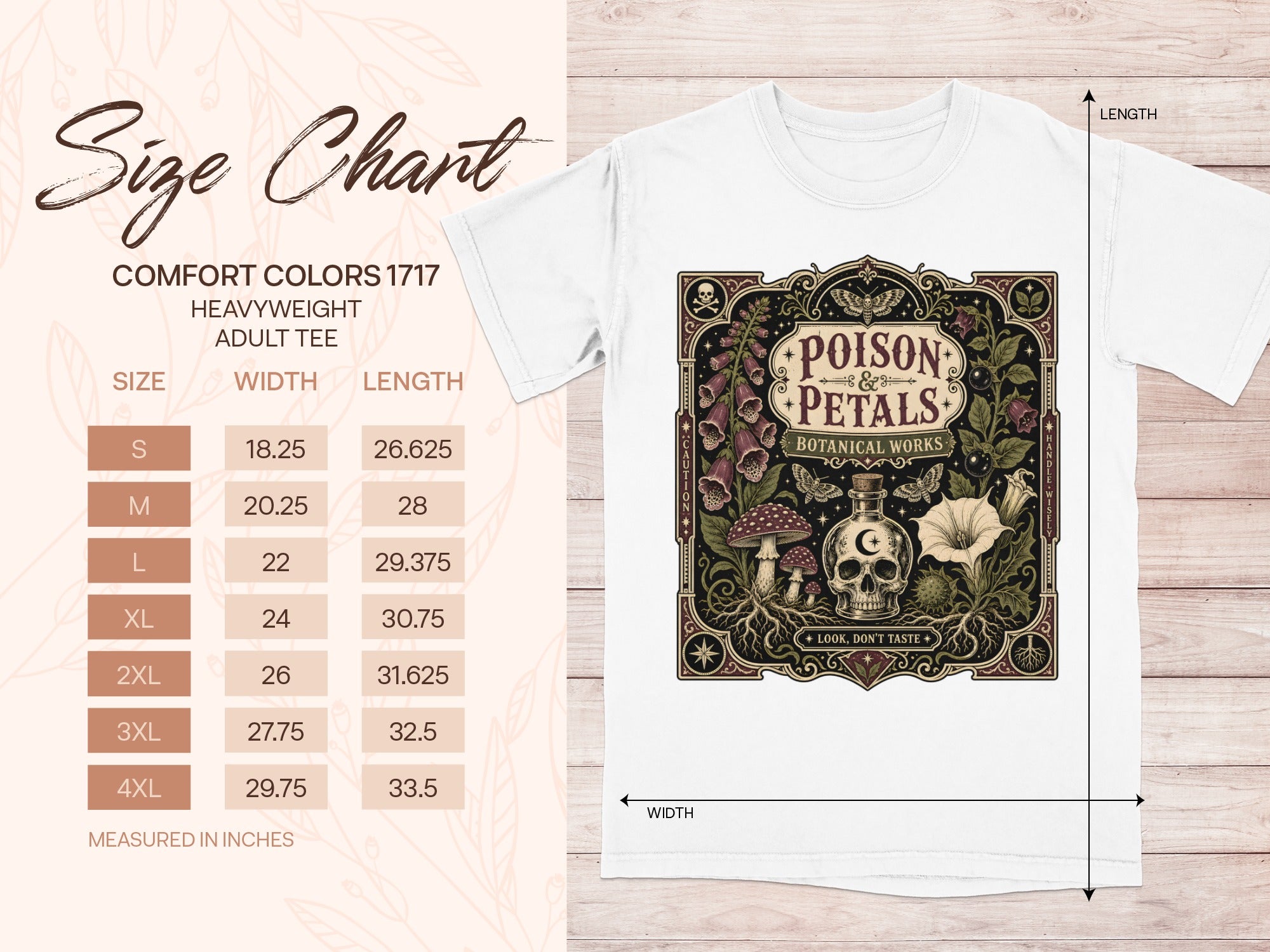 White Comfort Colors 1717 adult tee with "Poison & Petals Botanical Works" graphic.