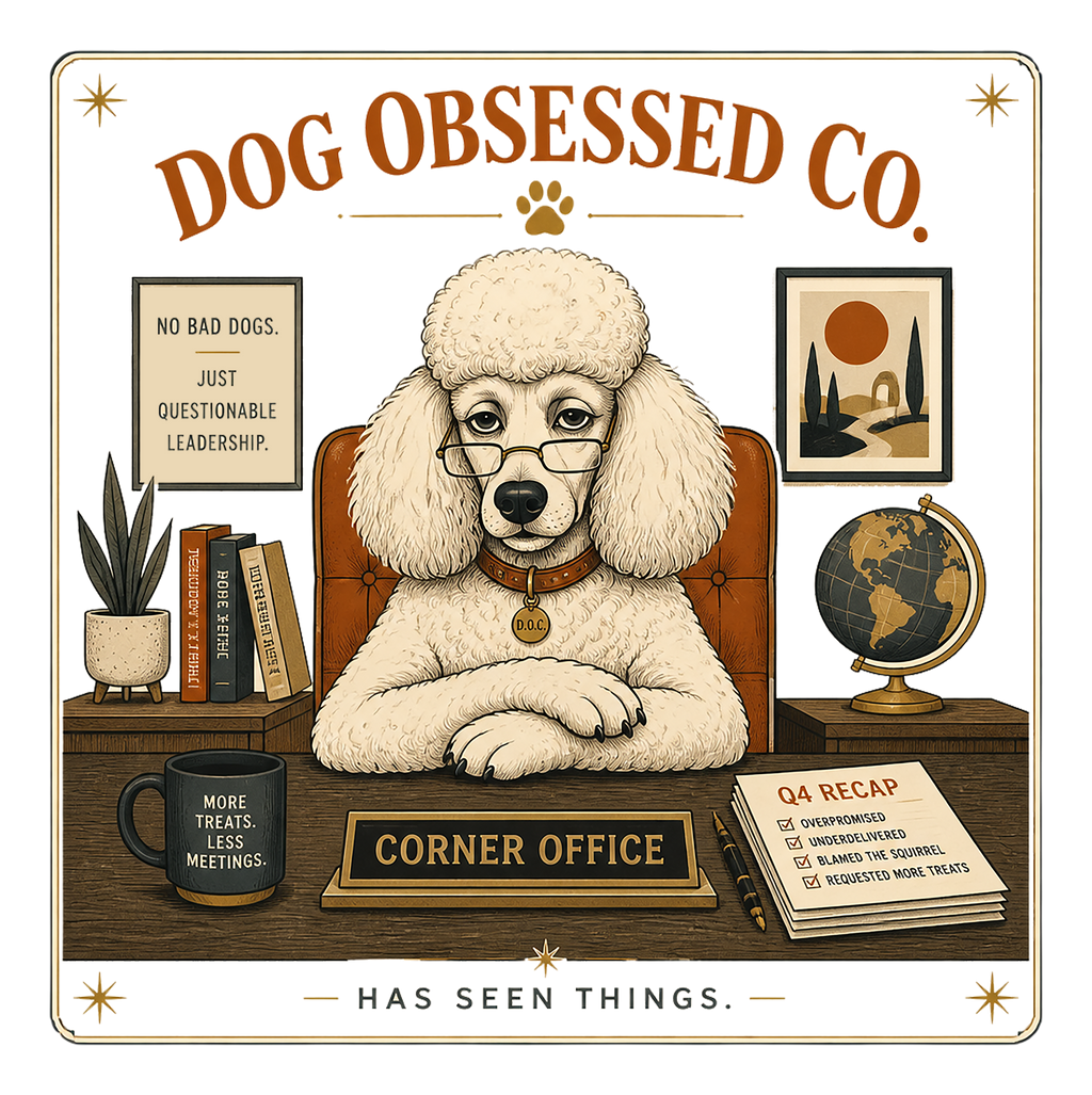 Poodle in a suit at a desk reads "Corner Office," with office decor and a Q4 recap paper.