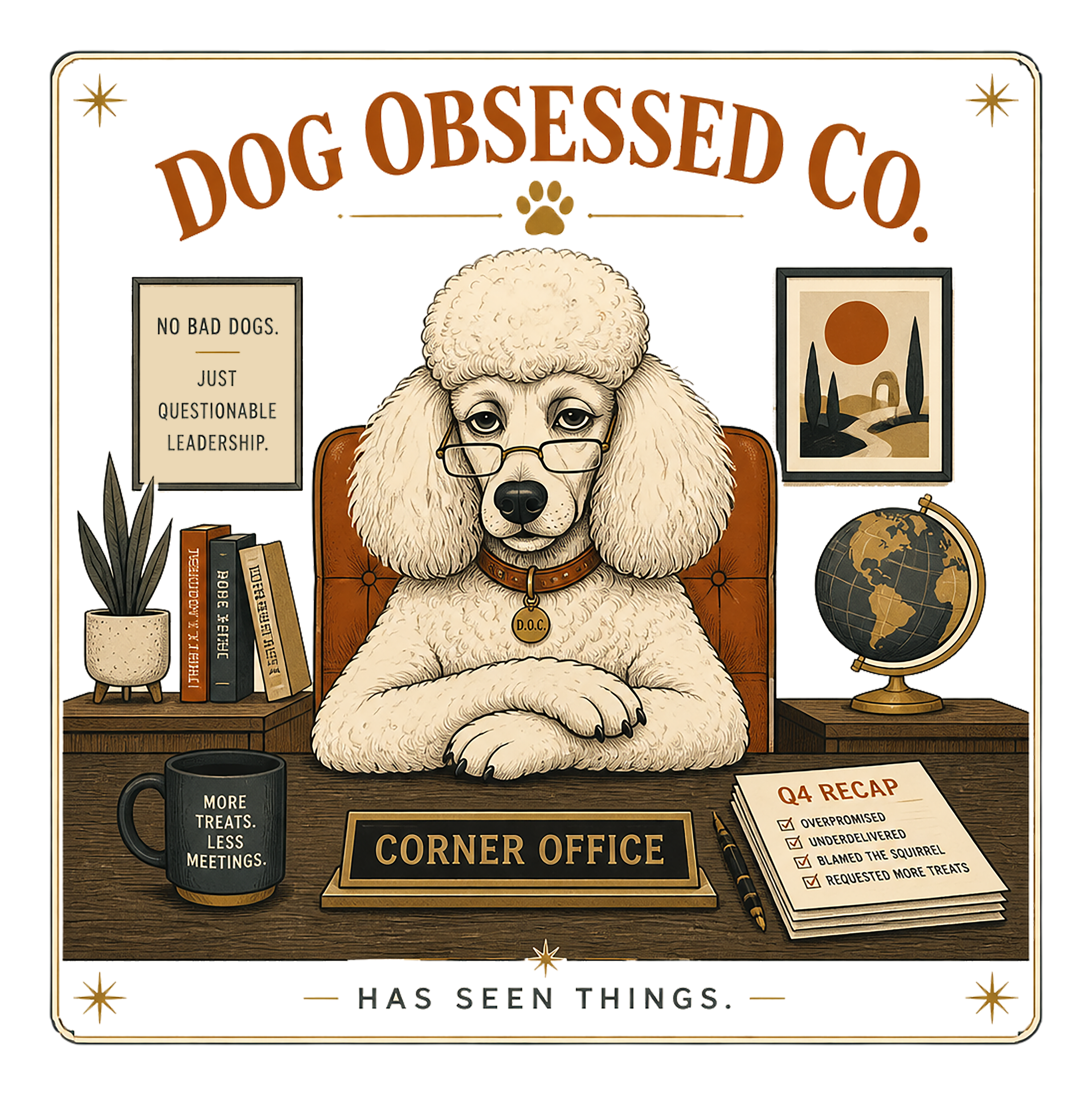 Poodle in a suit at a desk reads "Corner Office," with office decor and a Q4 recap paper.