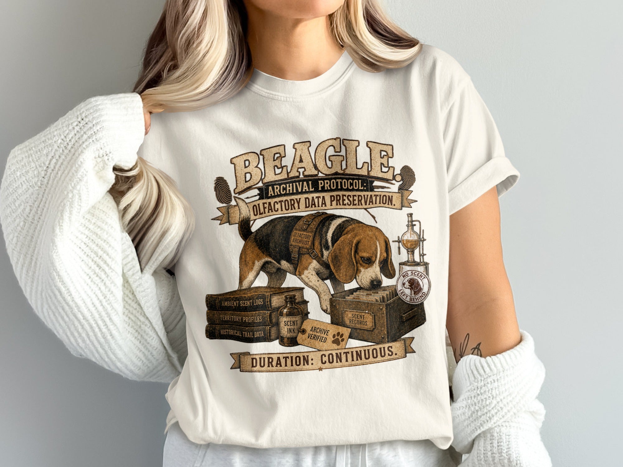 Beagle, archival protocol; olfactory data preservation on a white t-shirt.