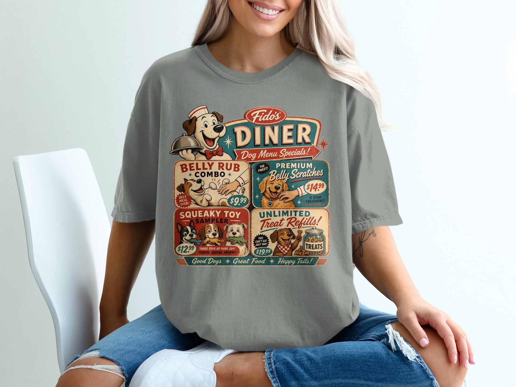 Fido's Diner novelty graphic tee with dog menu specials including belly rub and treats.
