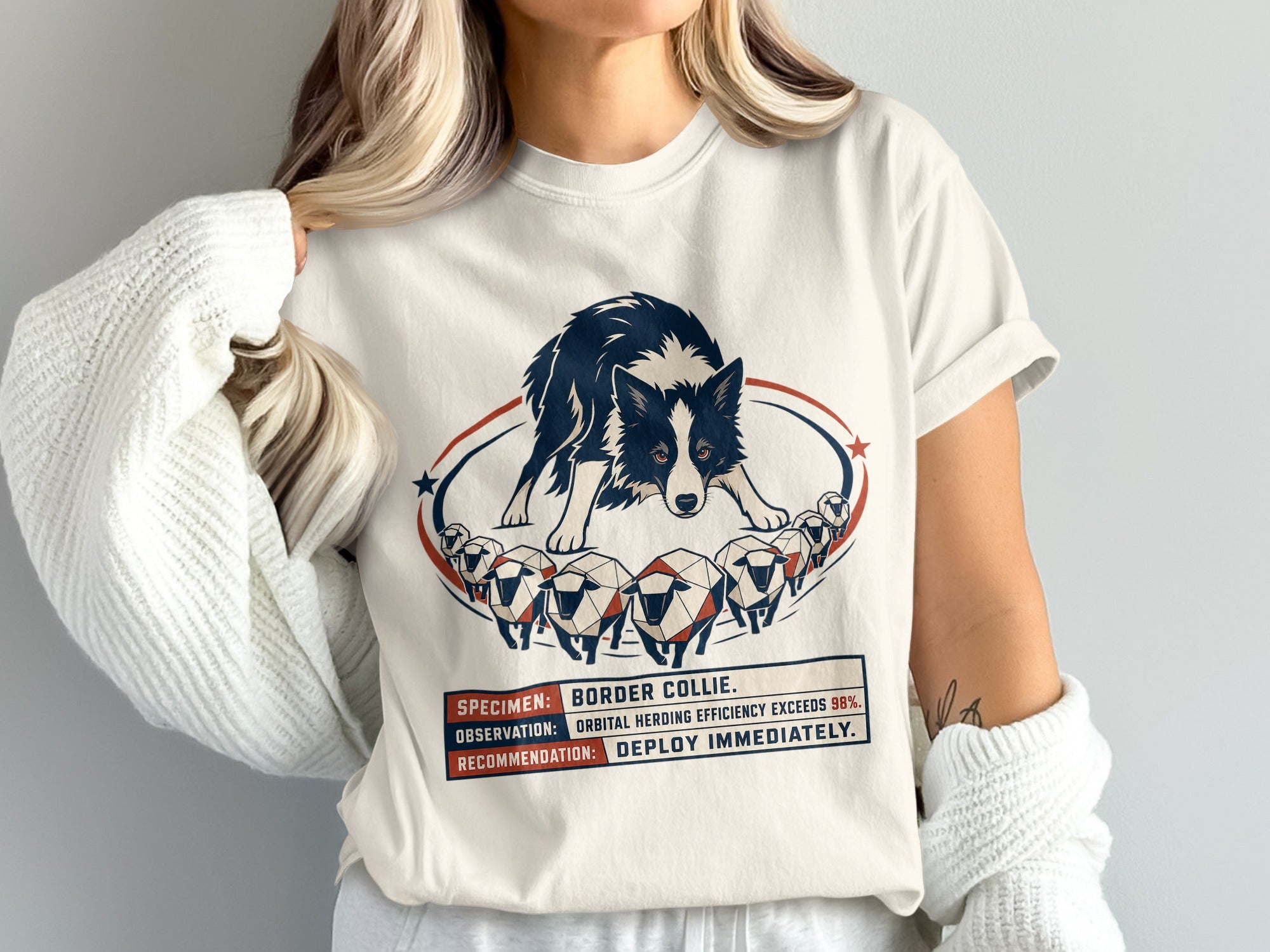 T-shirt graphic of a border collie herding patterned sheep with text.