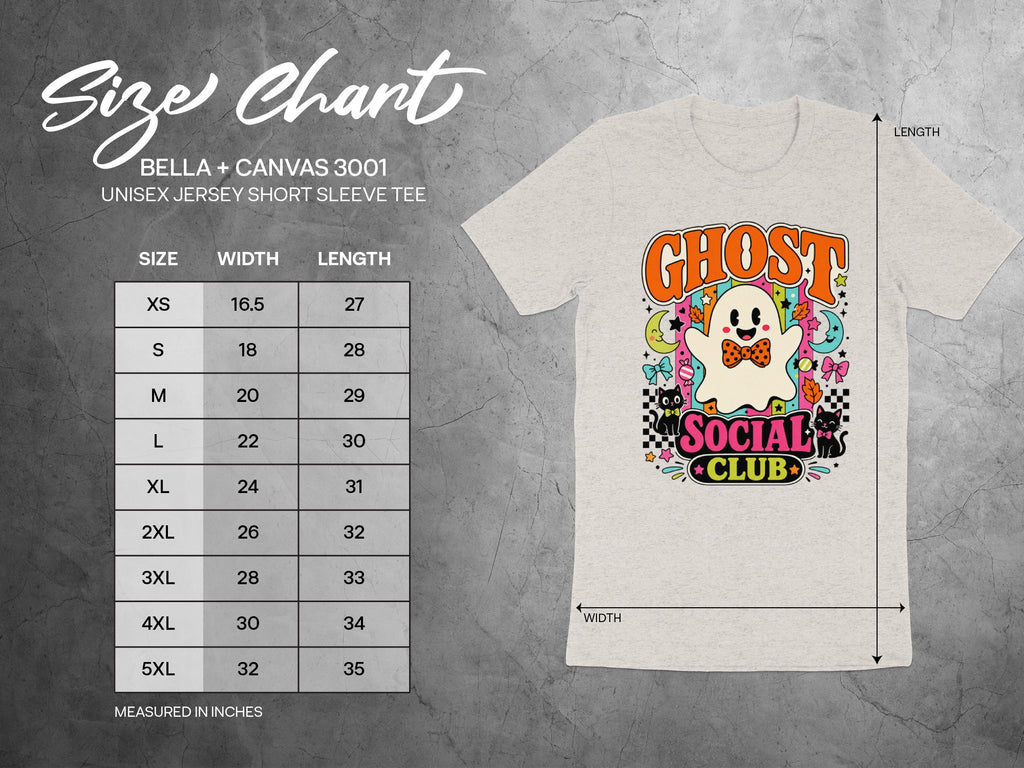 Size chart for Bella + Canvas 3001 unisex tee with ghost graphic.