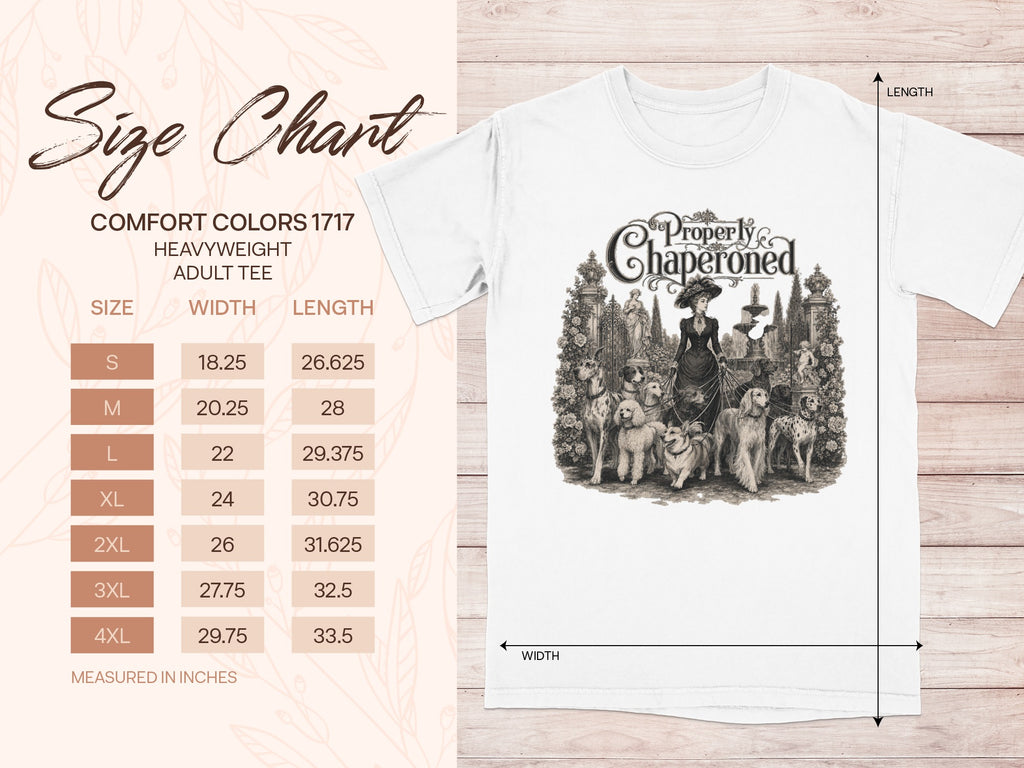 Comfort Colors 1717 adult tee size chart with width and length measurements in inches.