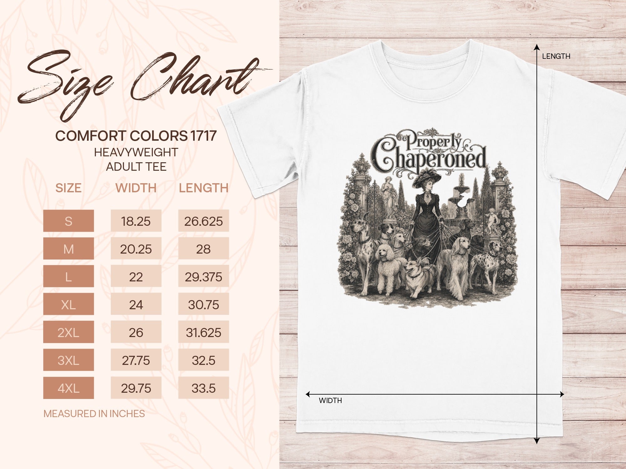 Comfort Colors 1717 adult tee size chart with width and length measurements in inches.