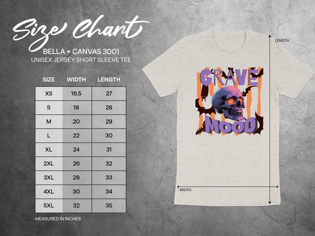 Size chart for a Bella + Canvas 3001 unisex tee with graphic of skull and bats.