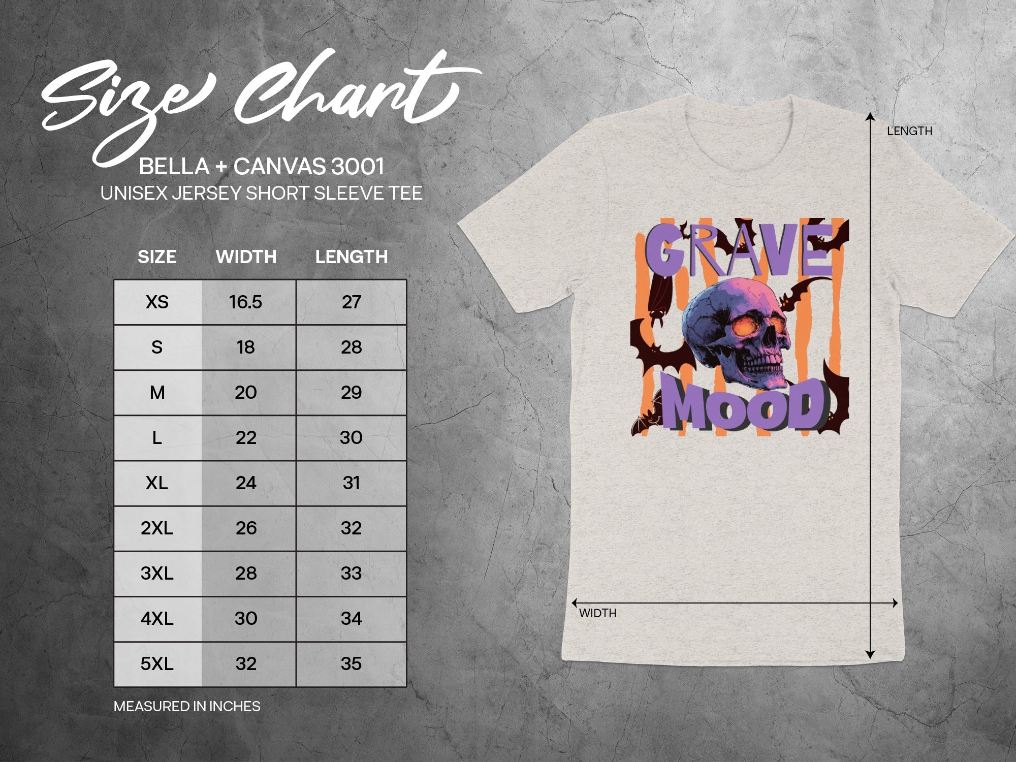 Size chart for a Bella + Canvas 3001 unisex tee with graphic of skull and bats.