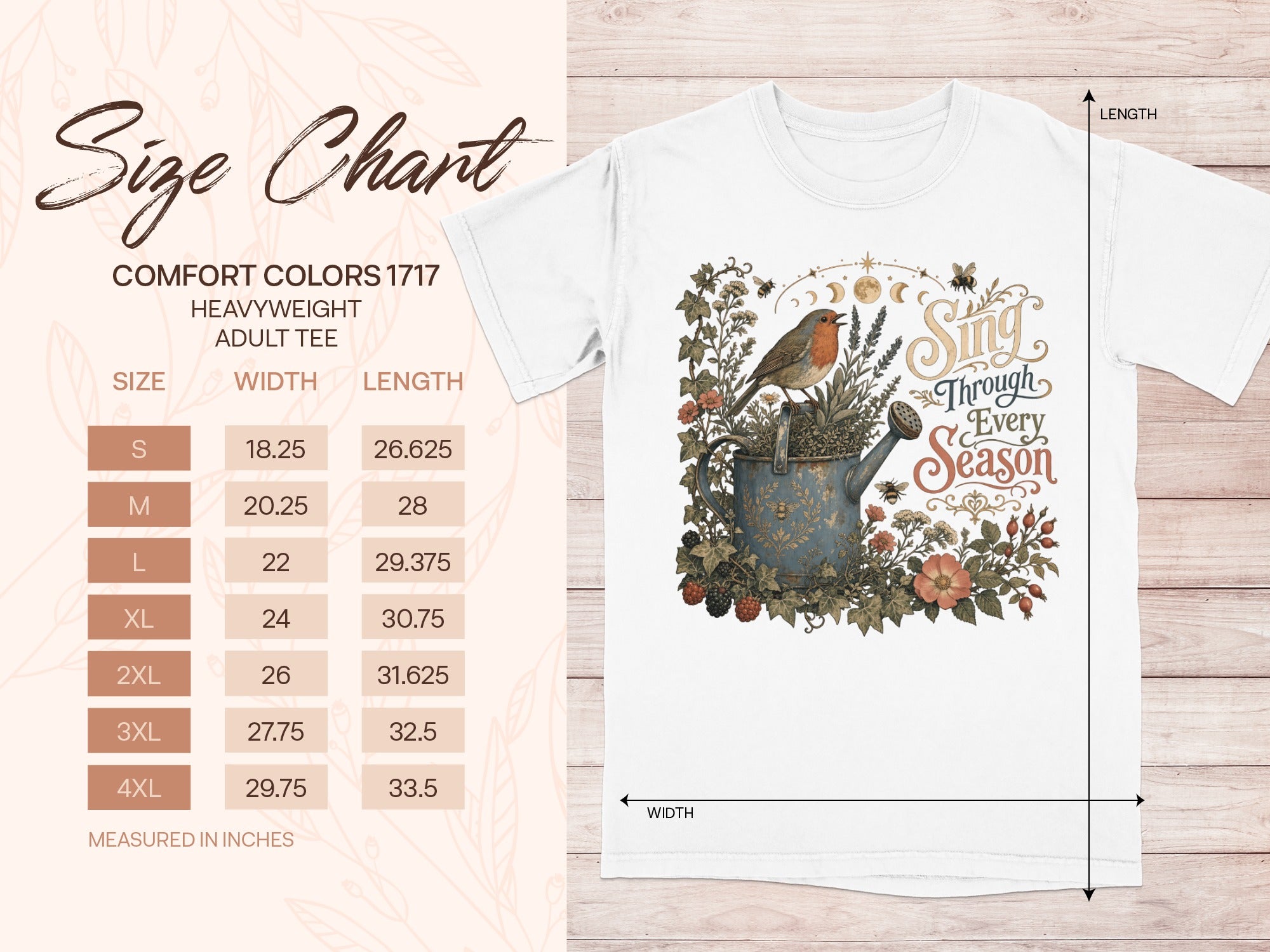 Comfort Colors 1717 heavyweight adult tee size chart with a robin and watering can graphic.