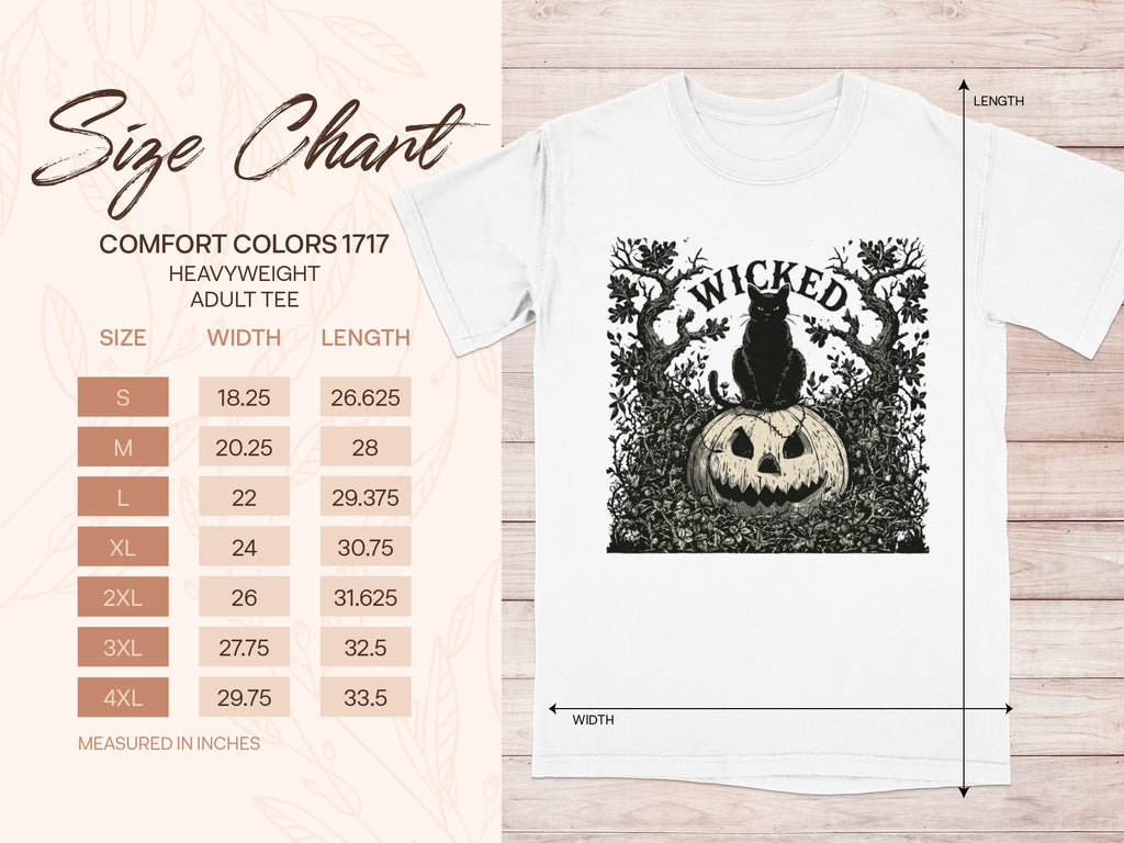 Comfort Colors 1717 heavyweight adult tee size chart with measurements in inches.