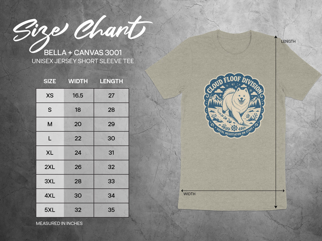 Bella+Canvas 3001 unisex tee size chart with width and length measurements in inches.