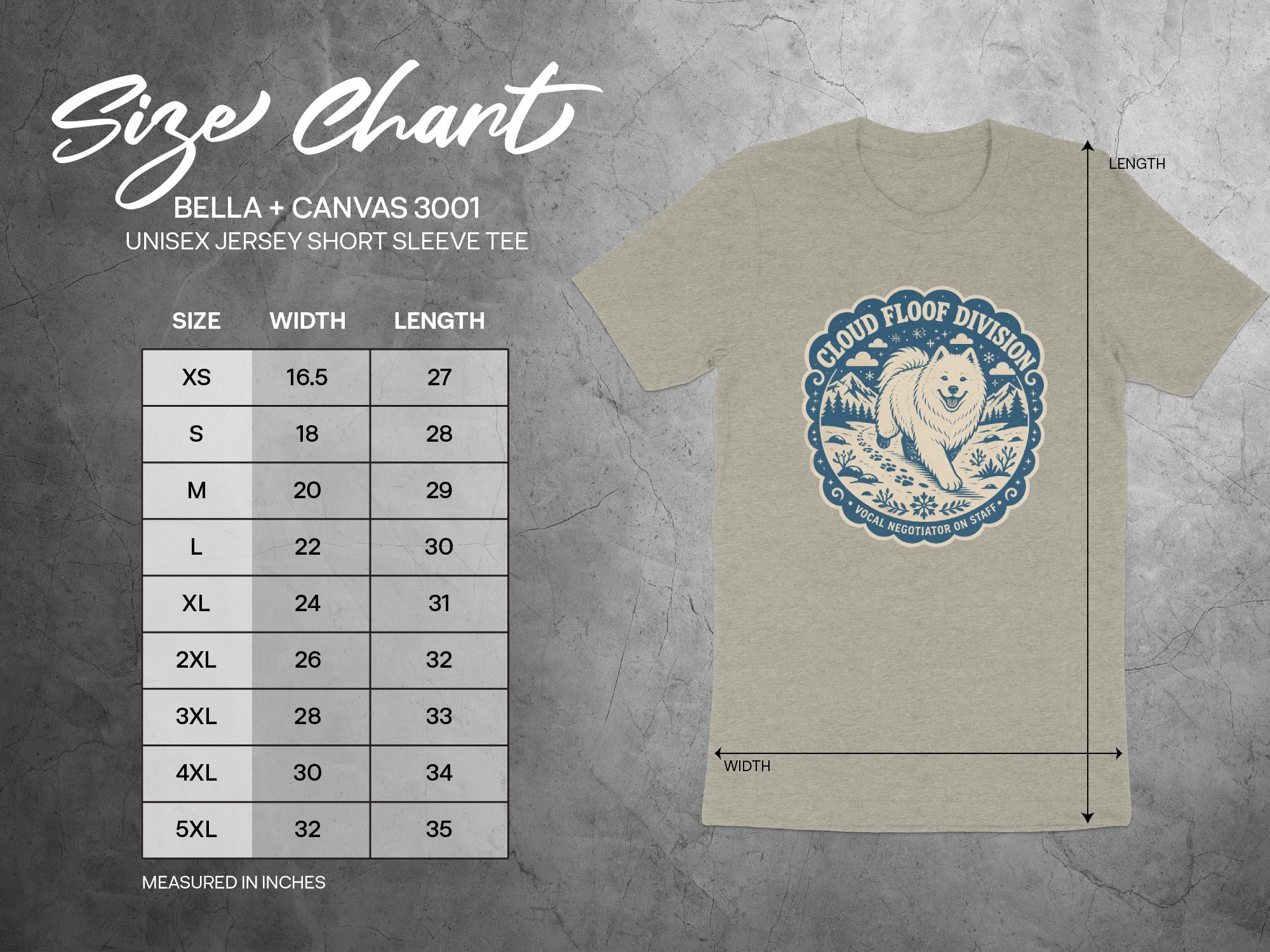 Bella+Canvas 3001 unisex tee size chart with width and length measurements in inches.