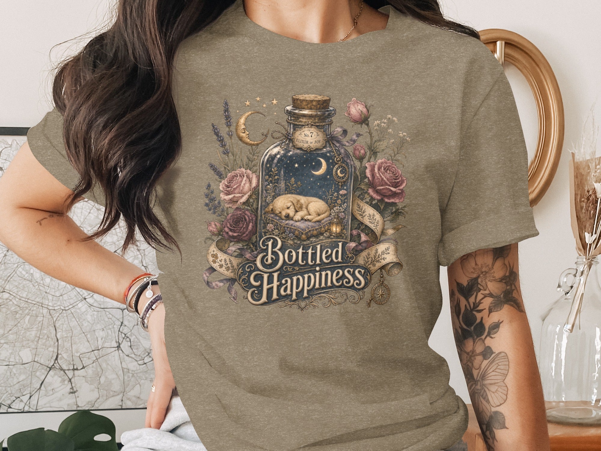 Bottled Happiness text around a bottle with sleeping puppy, moon, and roses.