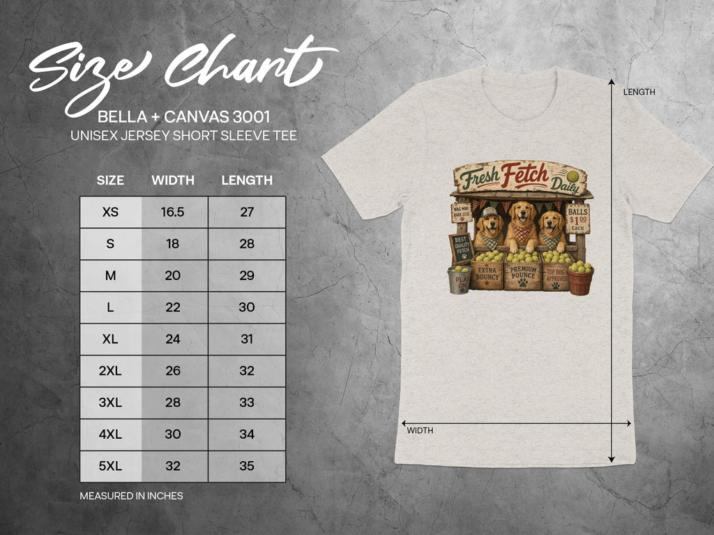 Size chart for Bella + Canvas 3001 unisex short sleeve tee, with dog graphic.