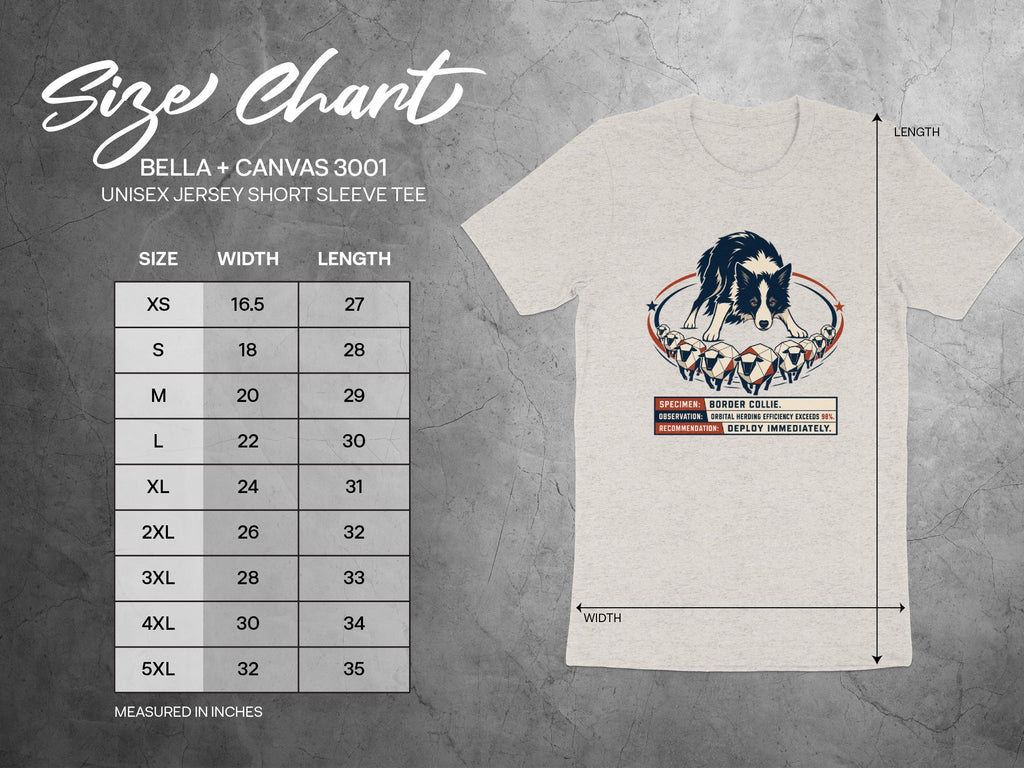 Bella + Canvas 3001 unisex tee size chart with Border Collie graphic.