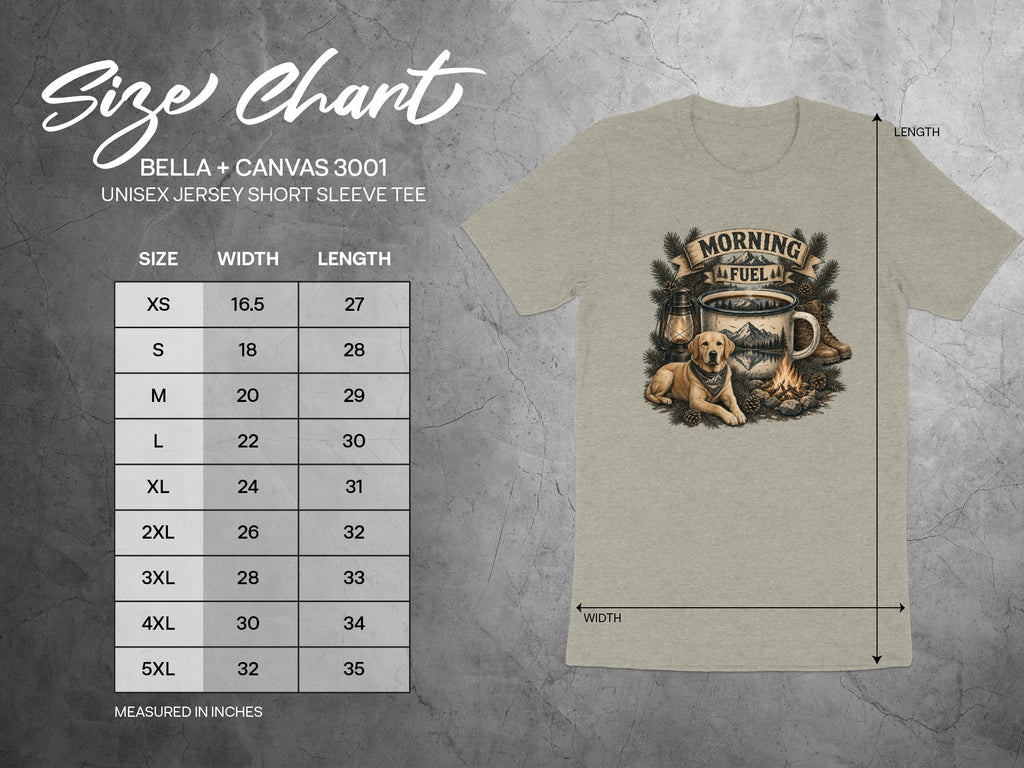 Bella + Canvas 3001 unisex tee size chart showing width and length measurements in inches.