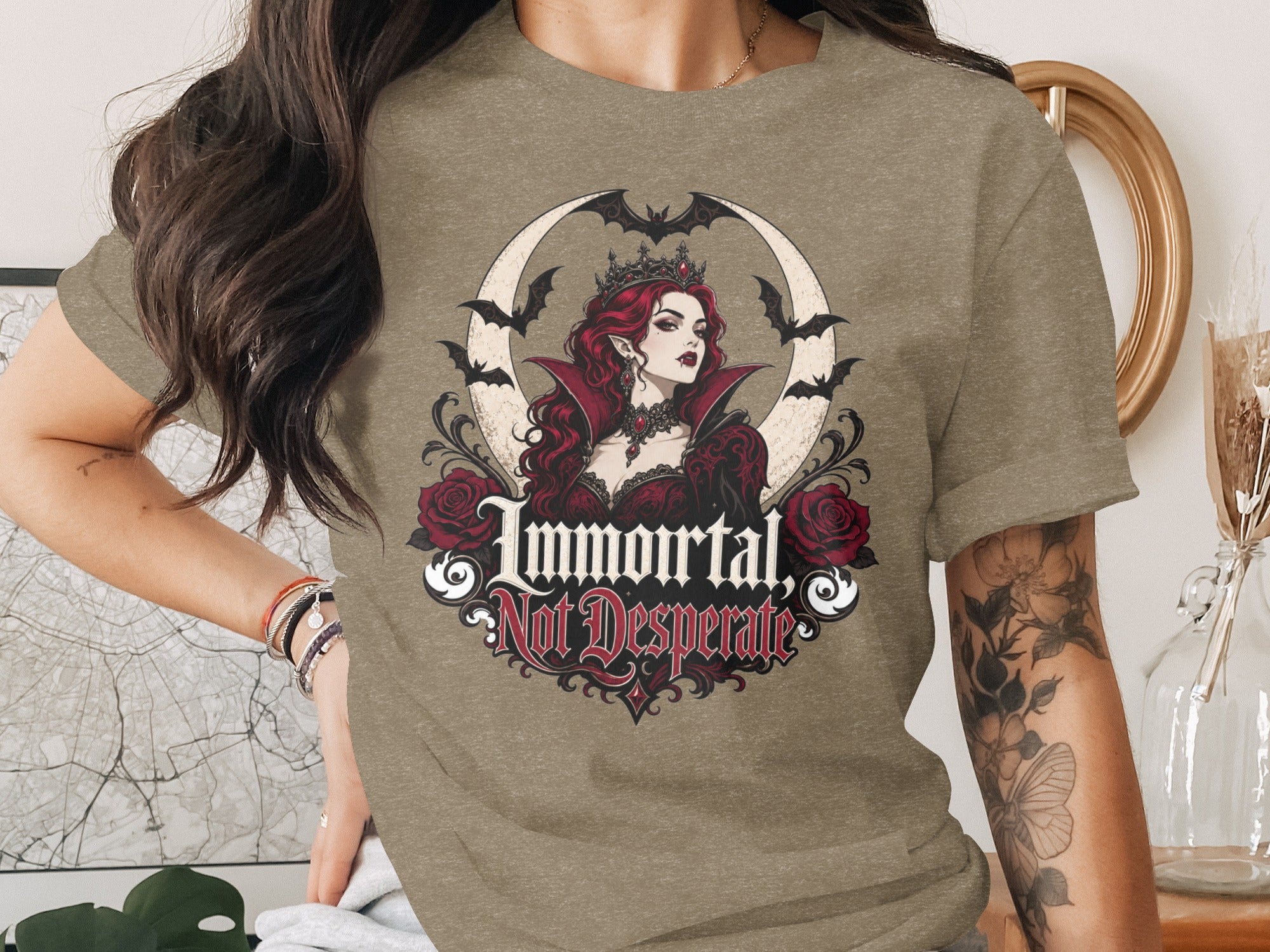 Vampire queen graphic with bats and roses, "Immortal, Not Desperate" text.