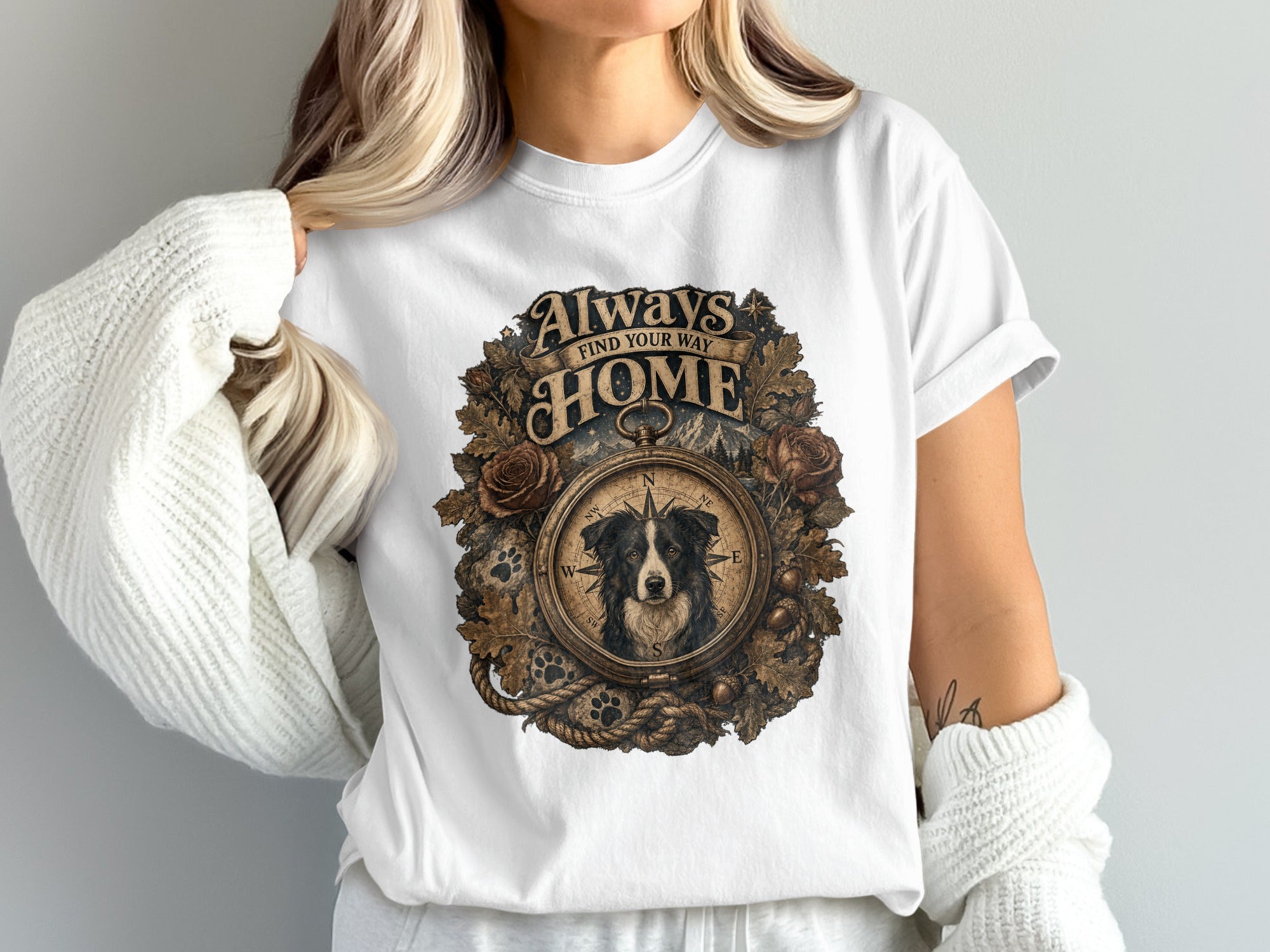 White t-shirt with a circular design featuring a dog, compass, and text "Always Find Your Way Home".