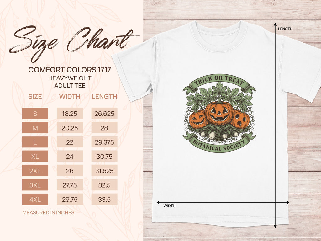 Comfort Colors 1717 heavyweight adult tee size chart with Halloween pumpkin graphic.