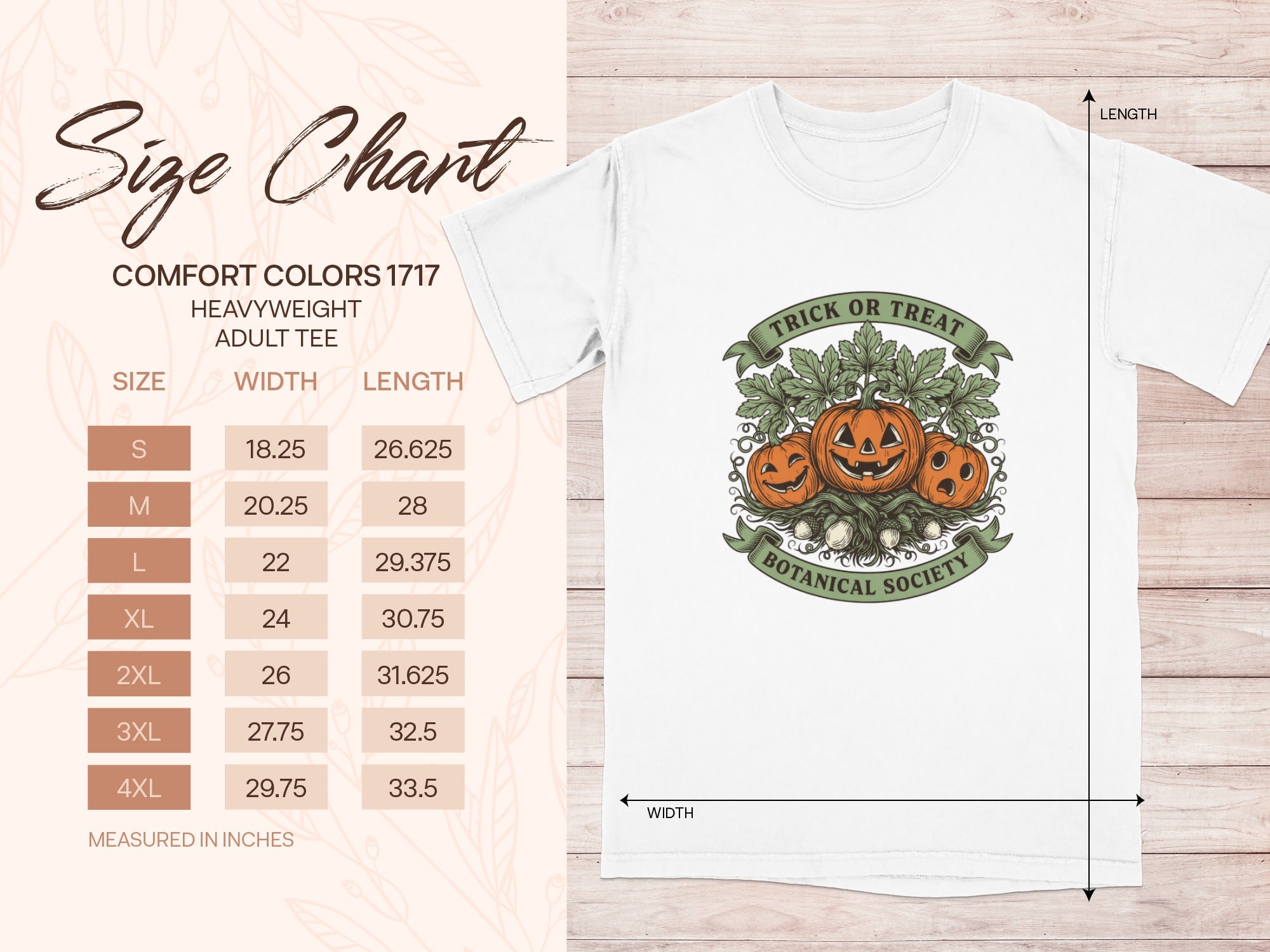 Comfort Colors 1717 heavyweight adult tee size chart with Halloween pumpkin graphic.
