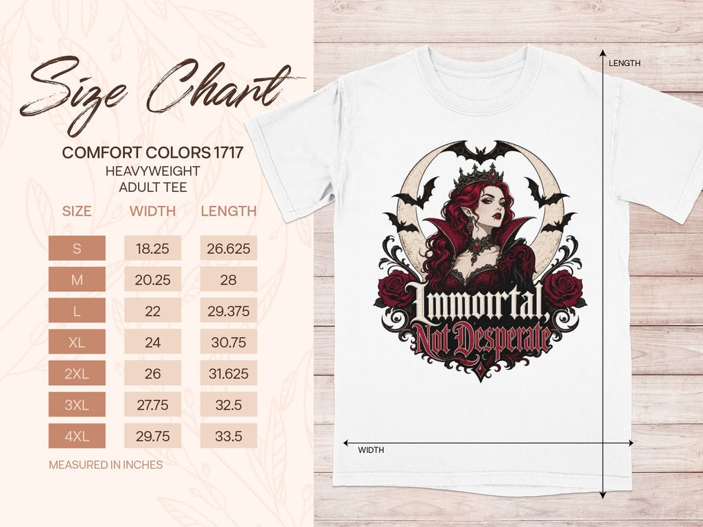 Comfort Colors 1717 adult tee size chart with vampire graphic.