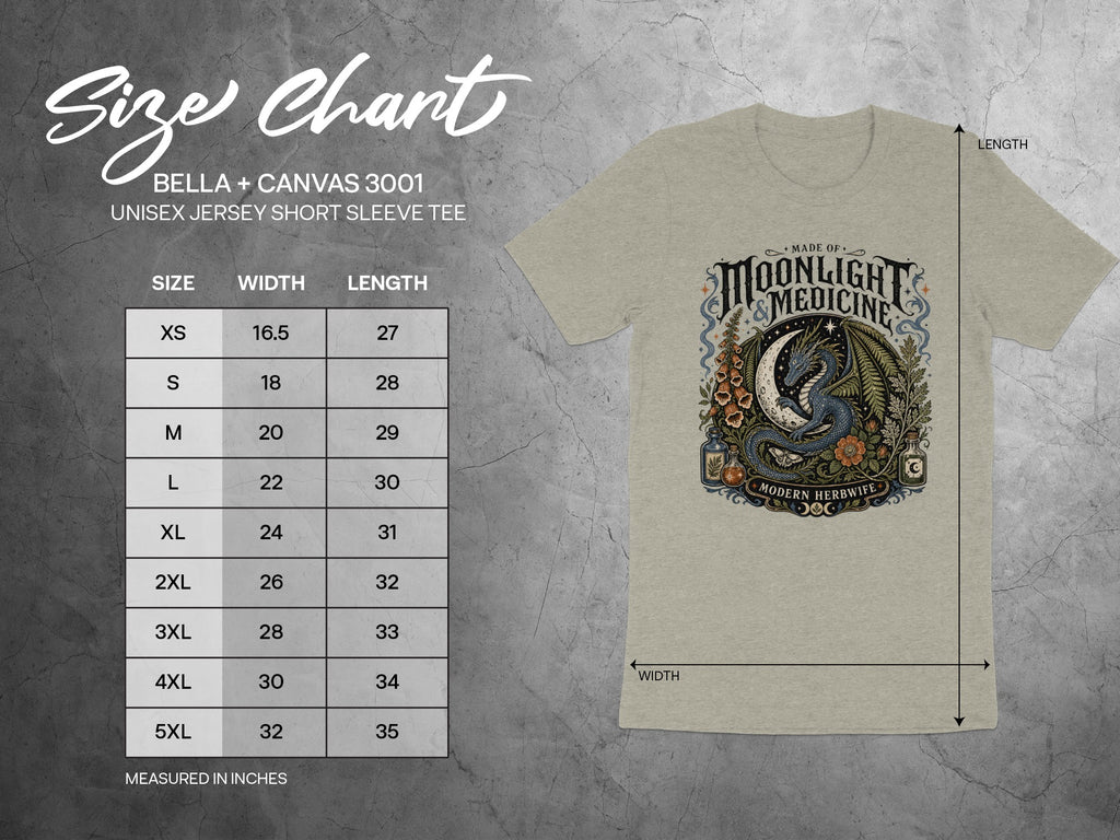 Bella + Canvas 3001 size chart for unisex jersey short sleeve tee.