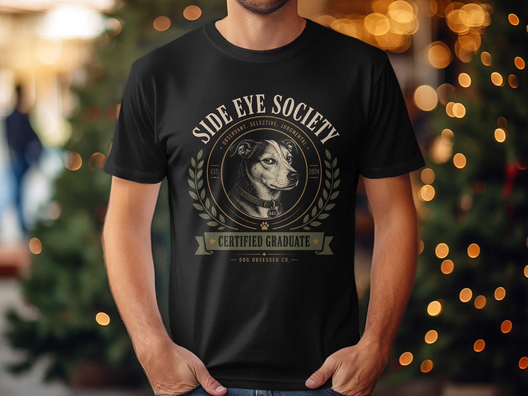Black t-shirt with "Side Eye Society Certified Graduate" and dog graphic.