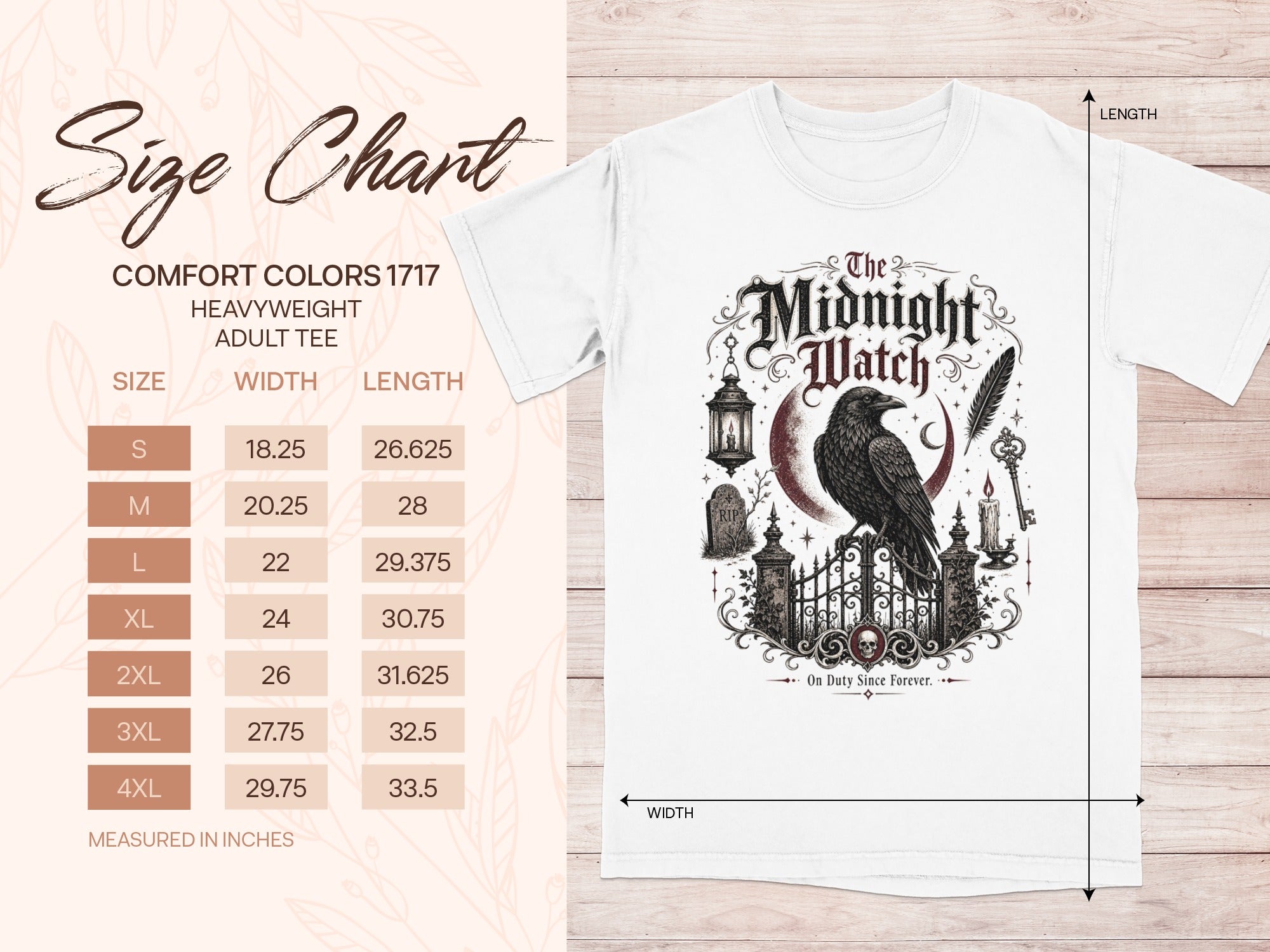 Comfort Colors 1717 heavyweight adult tee size chart with measurements in inches.