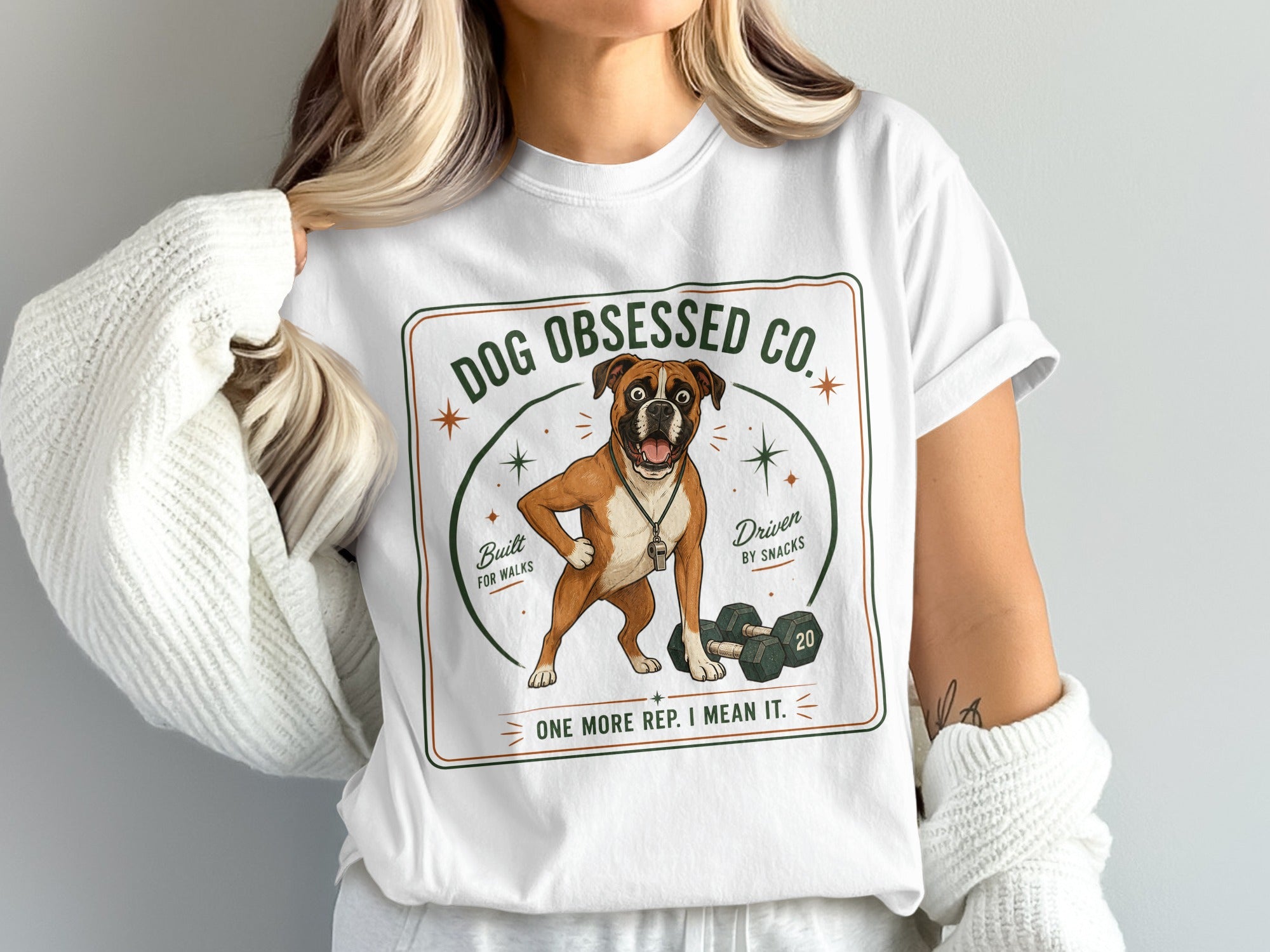 Boxer dog graphic with dumbbells, text "Dog Obsessed Co.", "Built For Walks", and "Driven By Snacks".