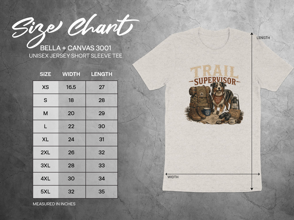 Size chart for Bella + Canvas 3001 unisex short sleeve tee with graphic.