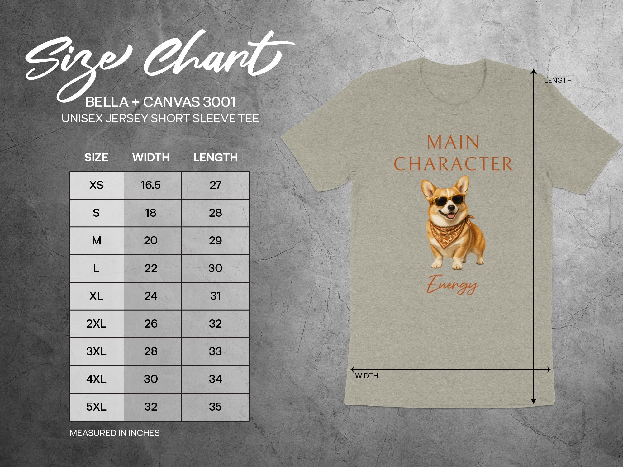 Size chart for Bella + Canvas 3001 unisex short sleeve tee with corgi graphic.