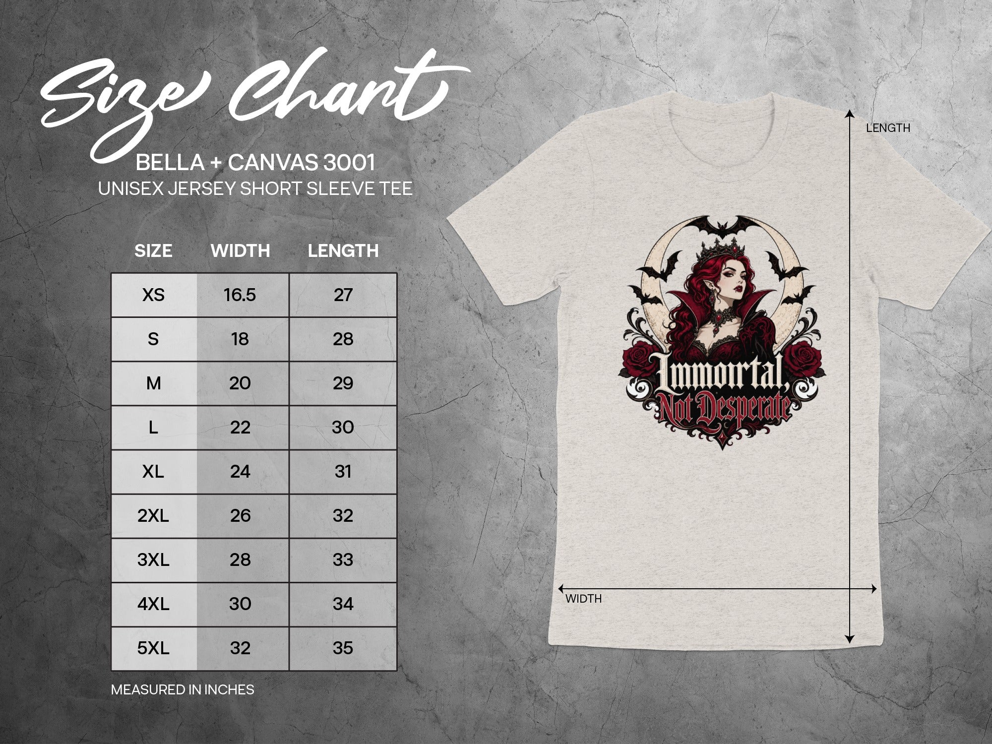 Size chart for Bella + Canvas 3001 unisex short sleeve tee with measurements.