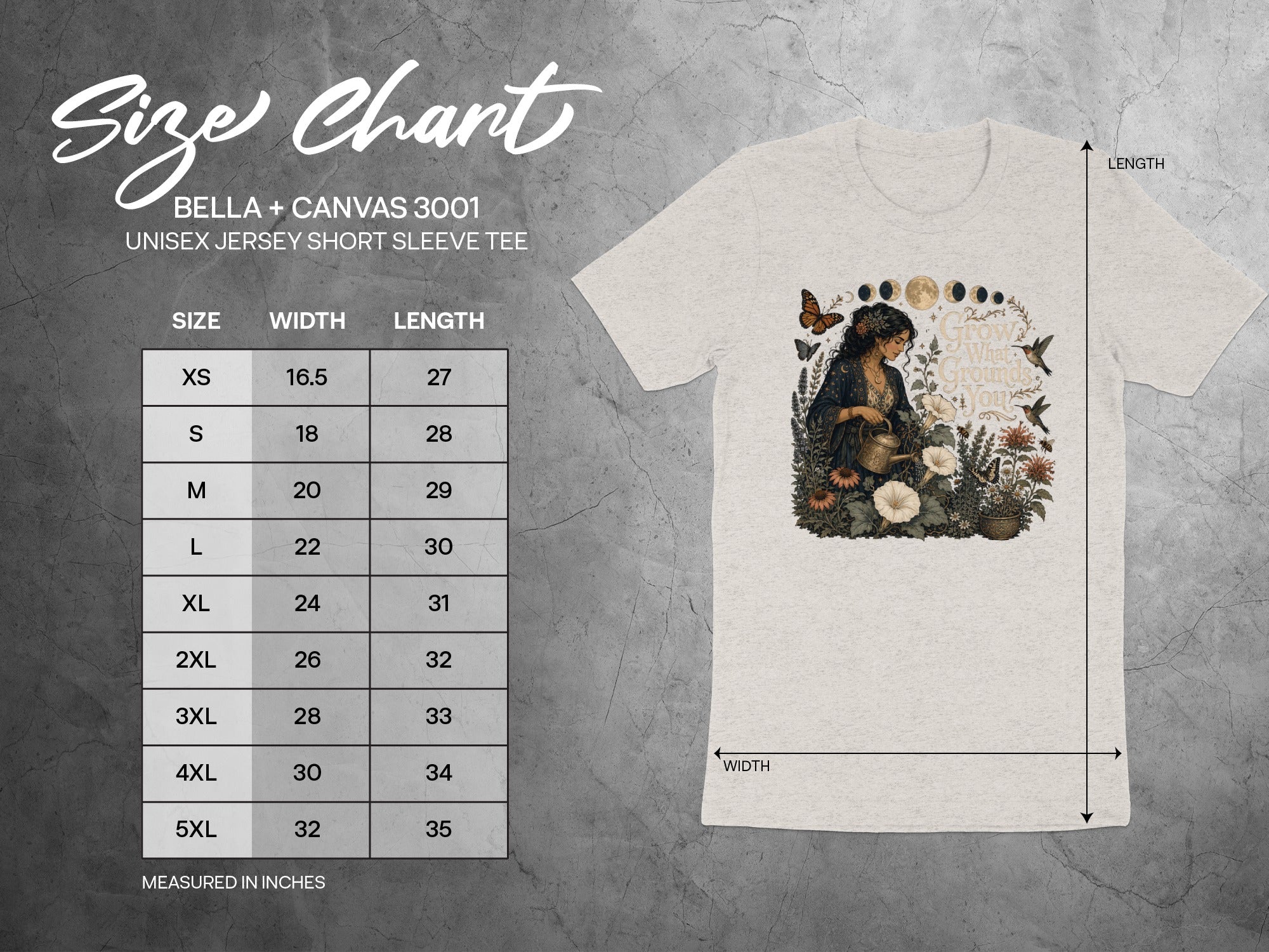 Bella + Canvas 3001 unisex jersey t-shirt size chart showing width and length in inches.