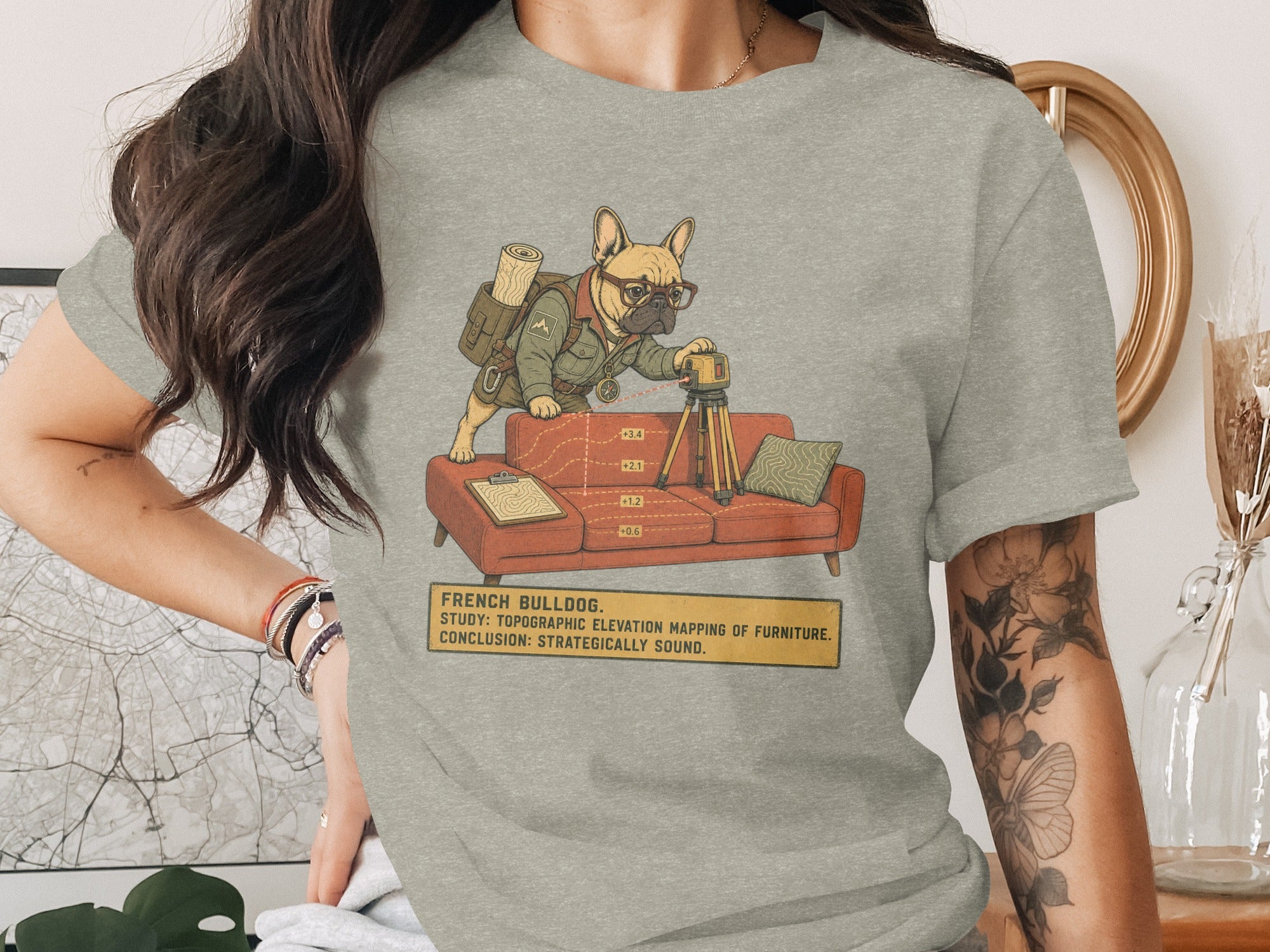 French bulldog mapping furniture topography with survey equipment graphic tee.