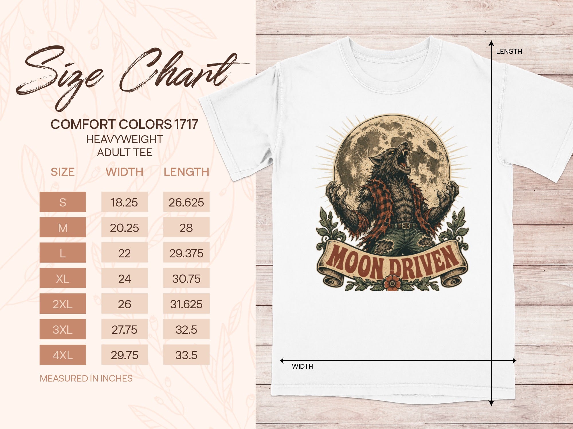 Size chart for Comfort Colors 1717 heavyweight adult tee with werewolf graphic.
