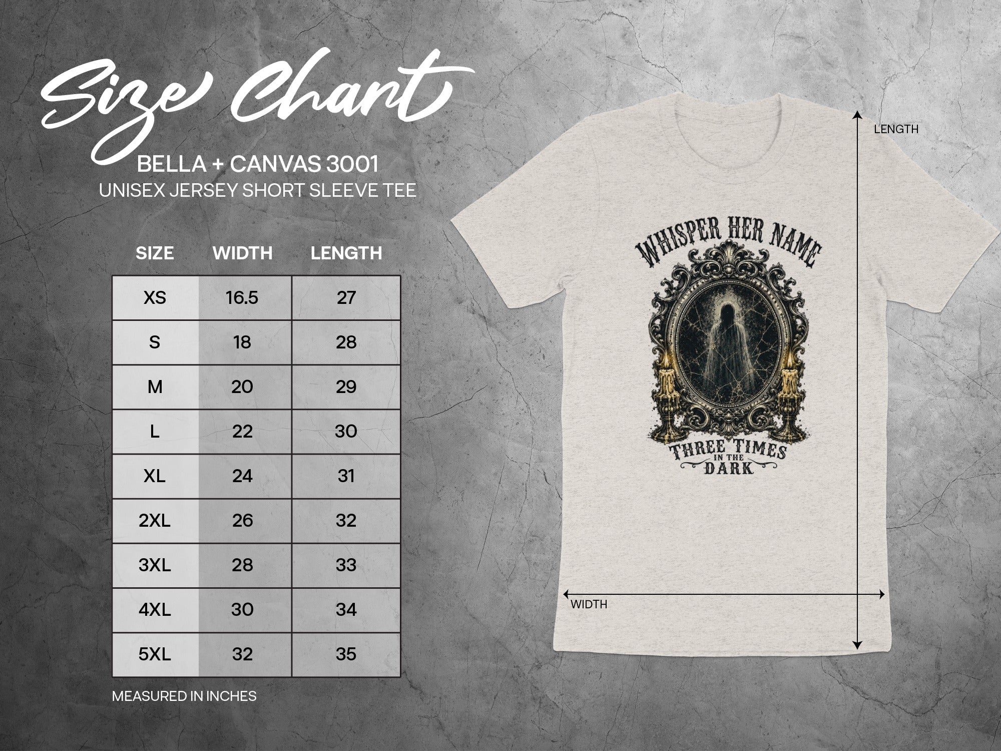 BELLA + CANVAS 3001 size chart with unisex short sleeve tee graphic.