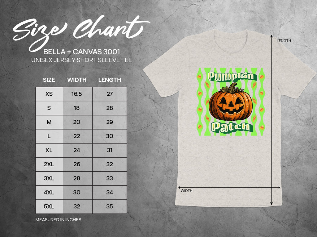 Size chart for Bella + Canvas 3001 unisex short sleeve tee with pumpkin patch graphic.