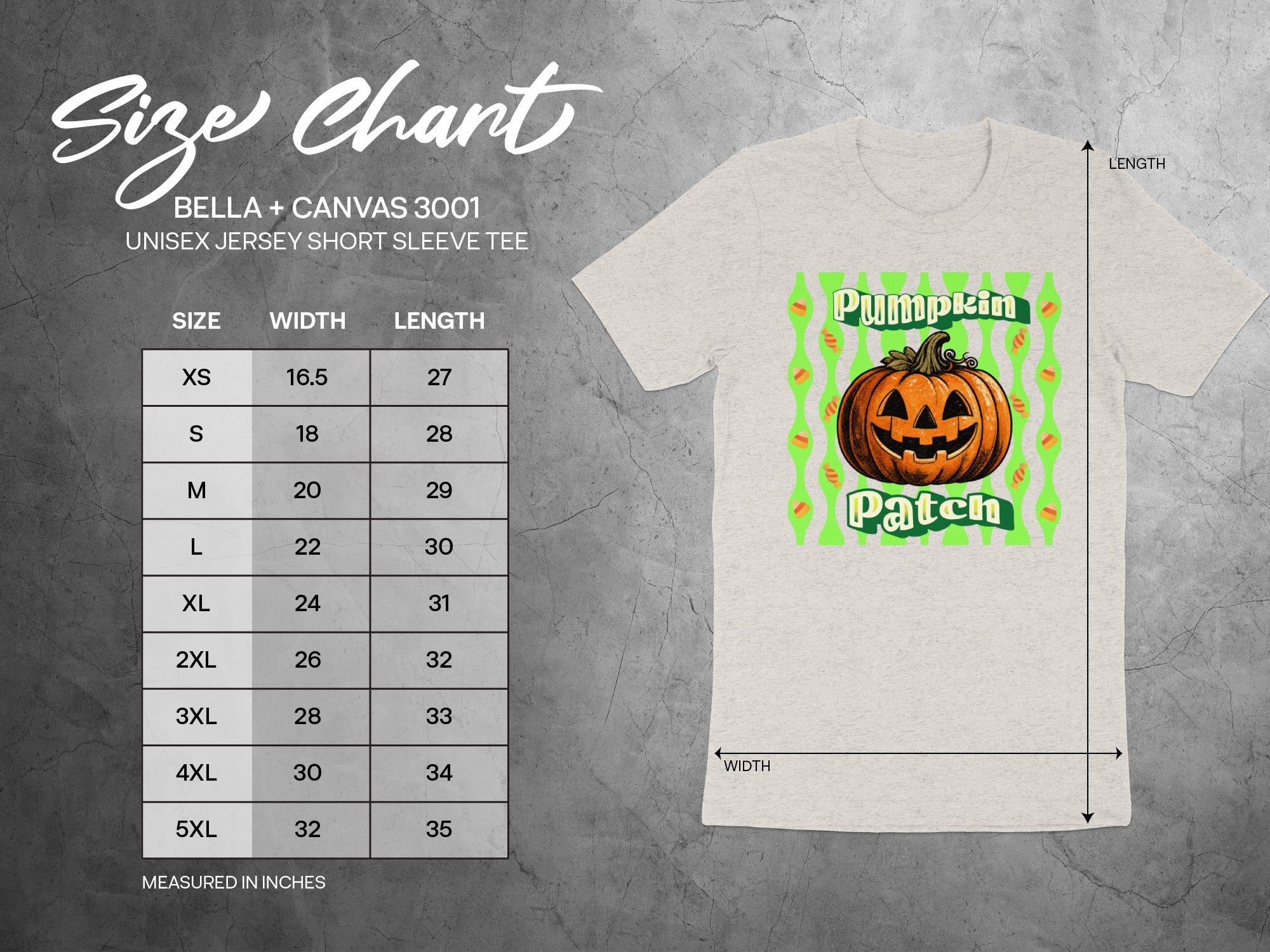 Size chart for Bella + Canvas 3001 unisex short sleeve tee with pumpkin patch graphic.