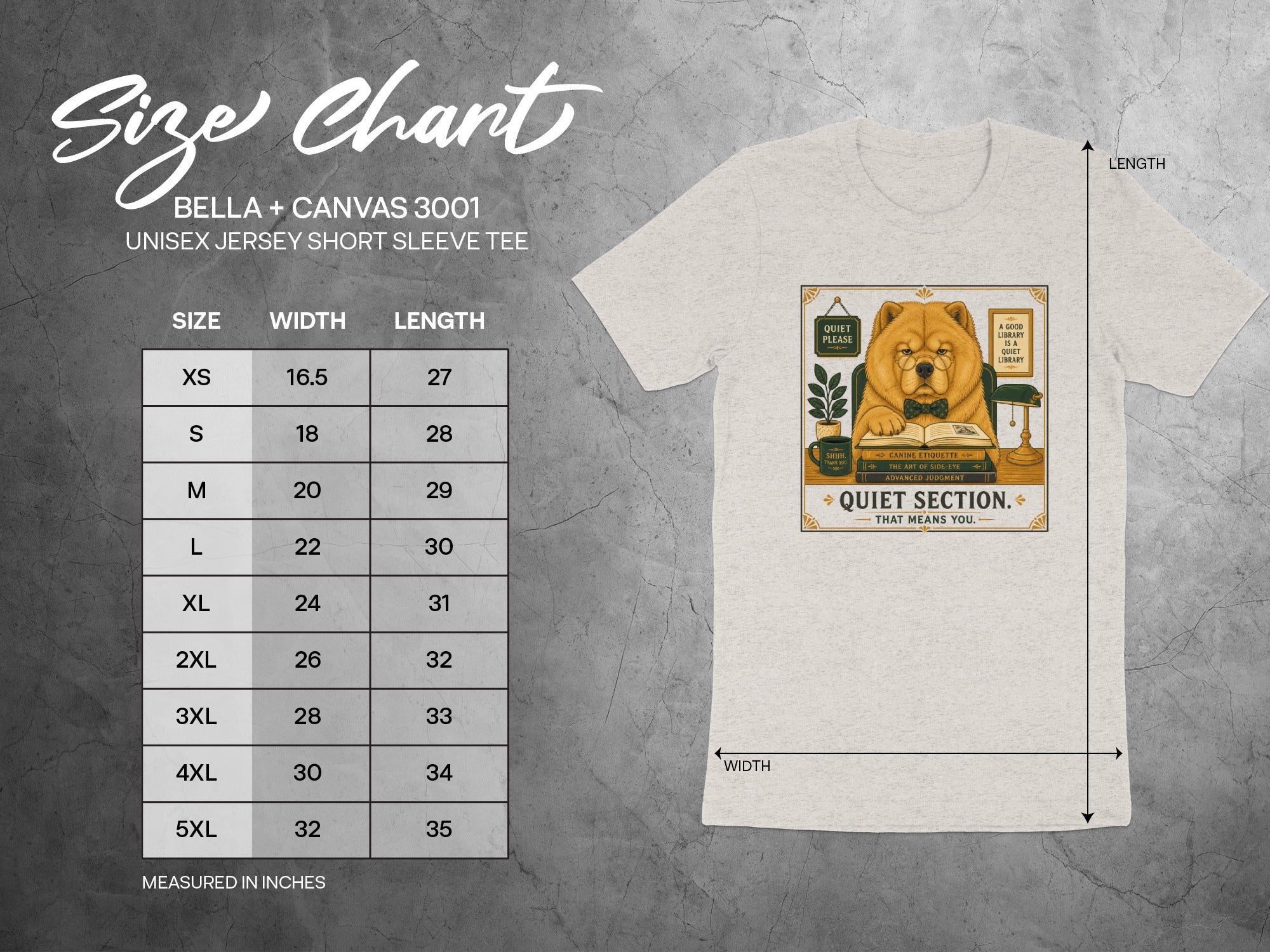 BELLA+CANVAS 3001 unisex short sleeve tee size chart with dog graphic.