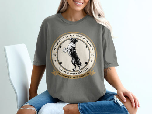 Department of Athletic Operations t-shirt with jumping dog graphic and text.