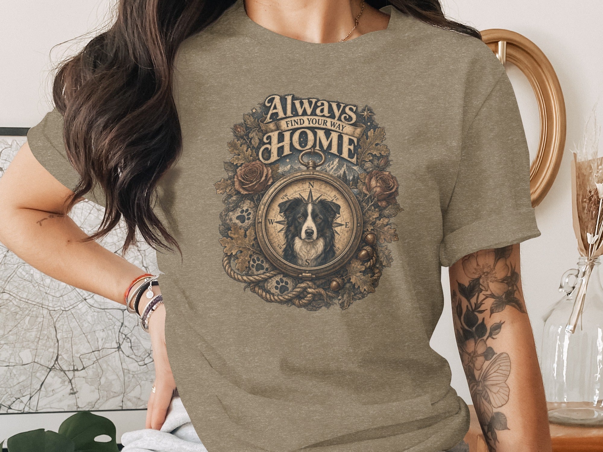 T-shirt with dog portrait, compass, and text "Always Find Your Way Home".