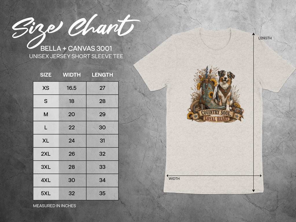 Size chart for Bella + Canvas 3001 unisex jersey tee, with dog and boot graphic.