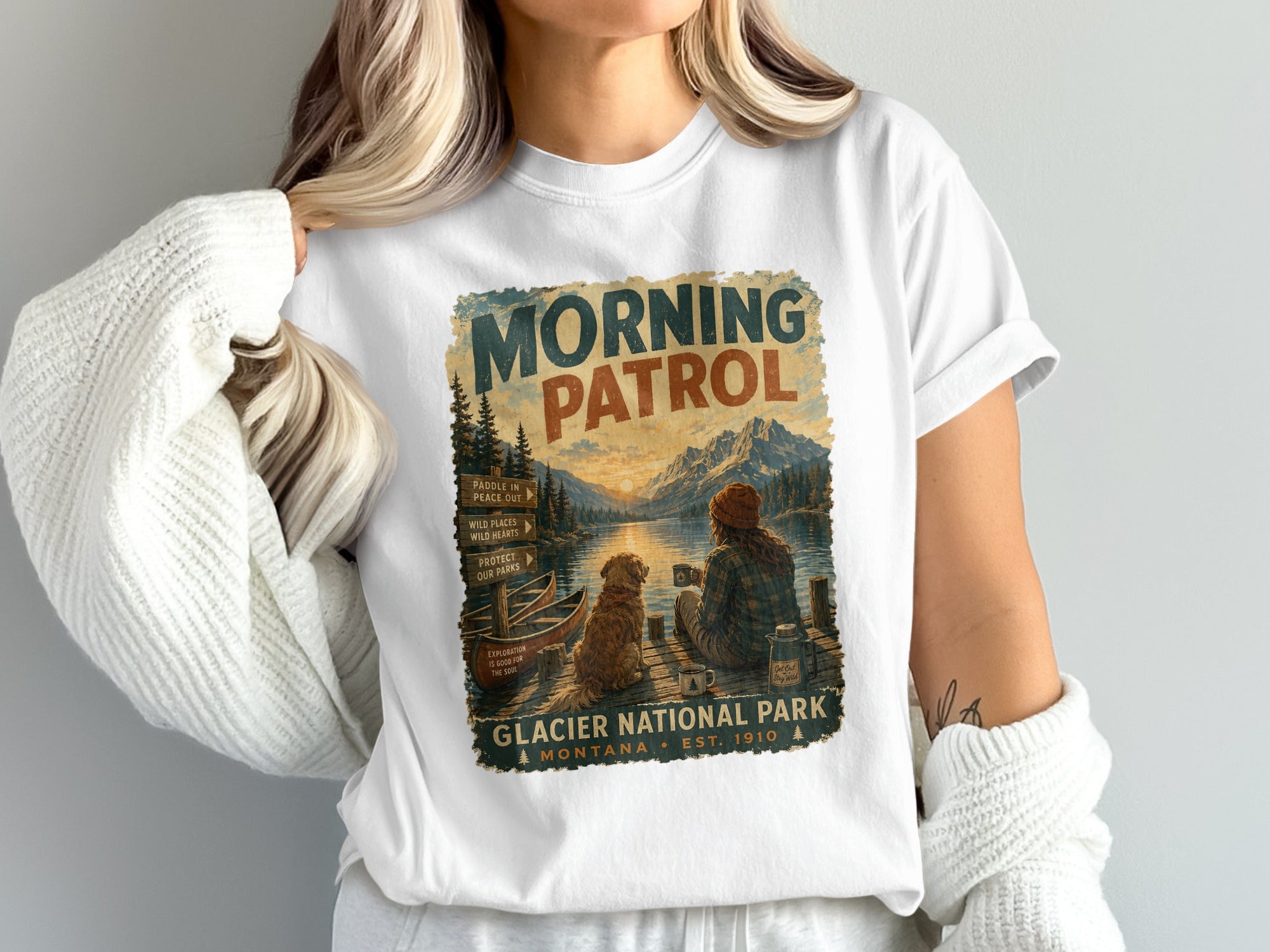 Glacier National Park t-shirt with "Morning Patrol" text and park scene.