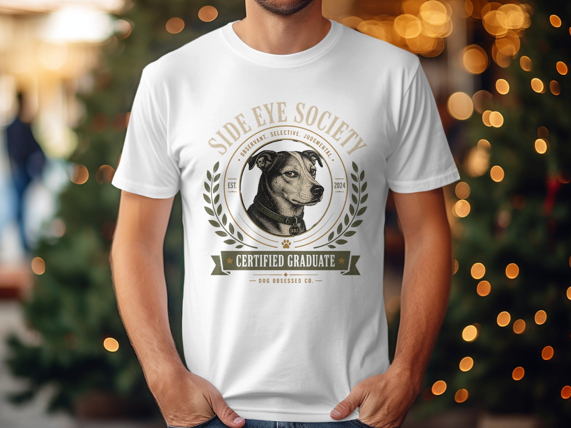 White t-shirt with "Side Eye Society Certified Graduate" and dog portrait design.