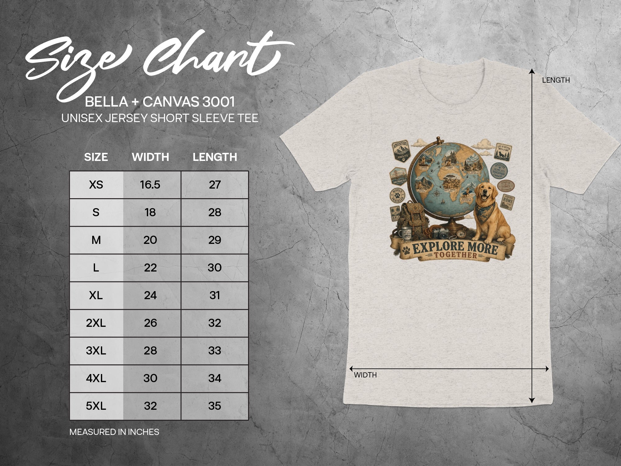 BELLA + CANVAS 3001 size chart with shirt graphic and measurements in inches.