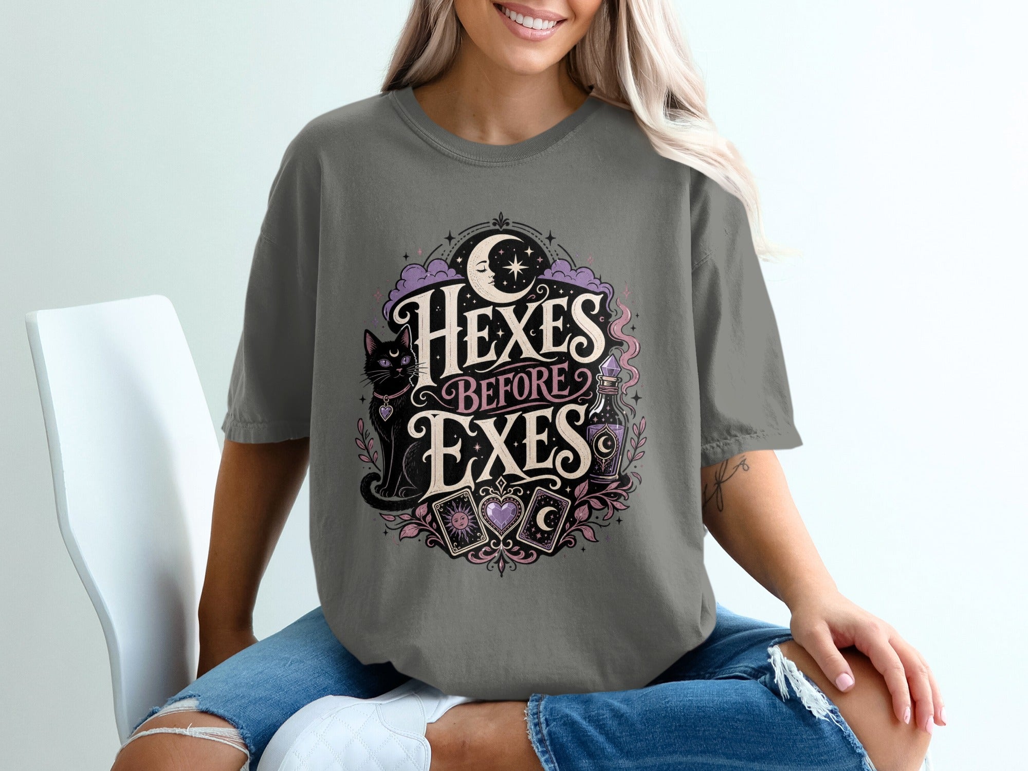 T-shirt with black cat, moon, tarot cards, and text "Hexes Before Exes".