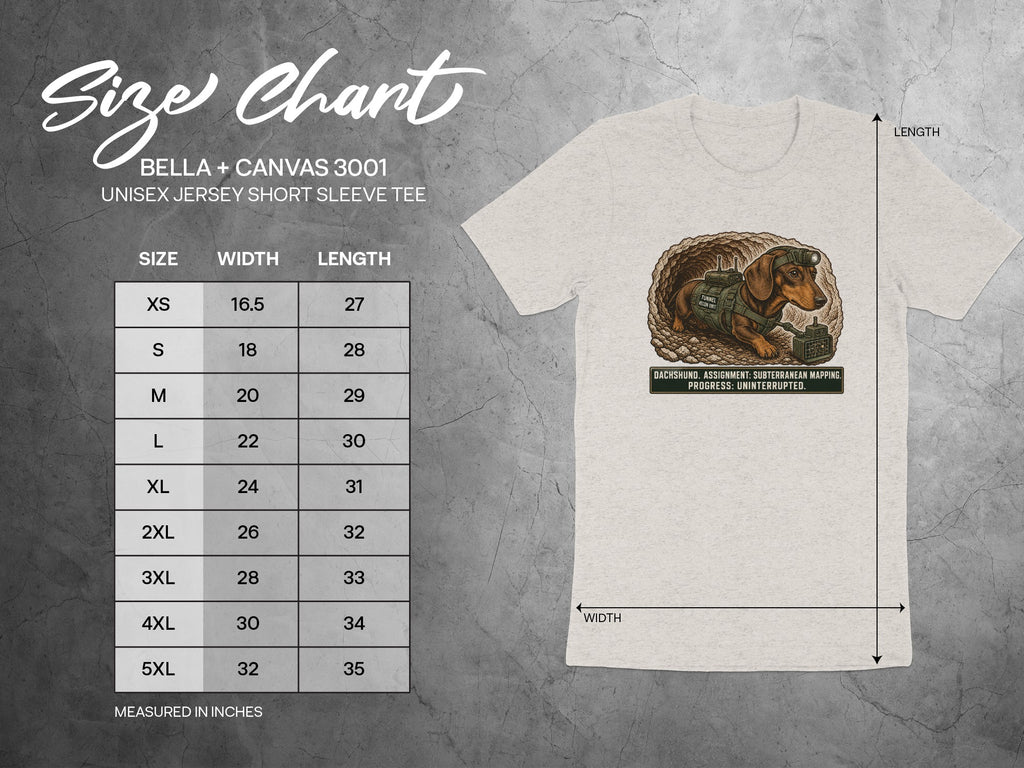Size chart for Bella + Canvas 3001 t-shirt with dachshund graphic.