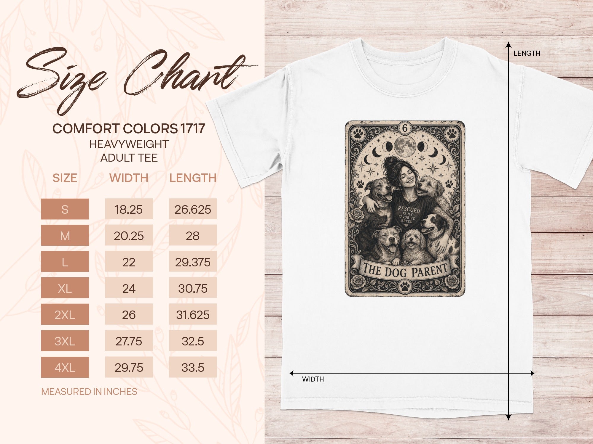 Size chart for a heavyweight adult tee with a "The Dog Parent" graphic.
