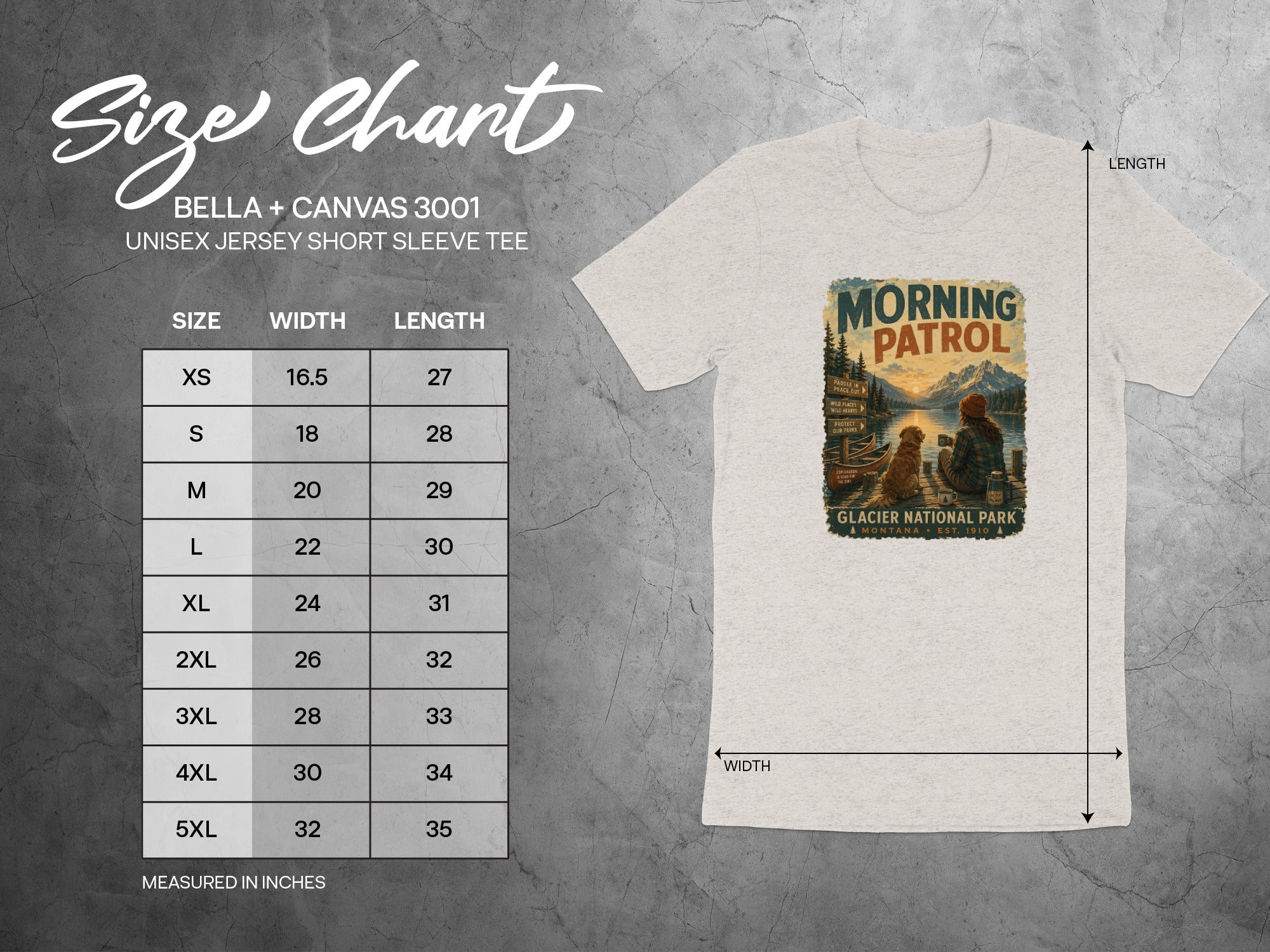 Size chart for Bella + Canvas 3001 unisex short sleeve tee with "Morning Patrol" design.
